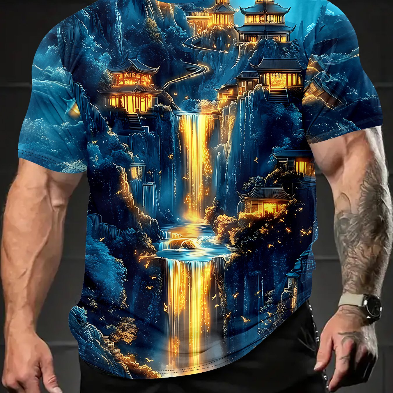 TEMU 3d Mountain Temple Waterfall Print Men's Casual T-shirt â Summer Breathable Outdoor Sport Top, Wear, Perfect For Running, Gym, And Gifting, New