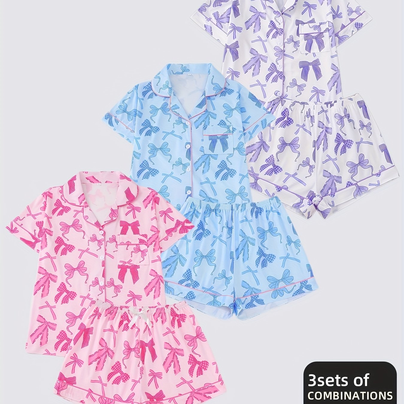 ThreeSetsOfWomen'SPajamasSet,Women'SPajamasSetCombination,KnittedFabric,ShortSleevedButtonTopAndMatchingShorts,FullBodyPrint,CollarAndPocketDetails,SuitableFor'AdultPajamasSet