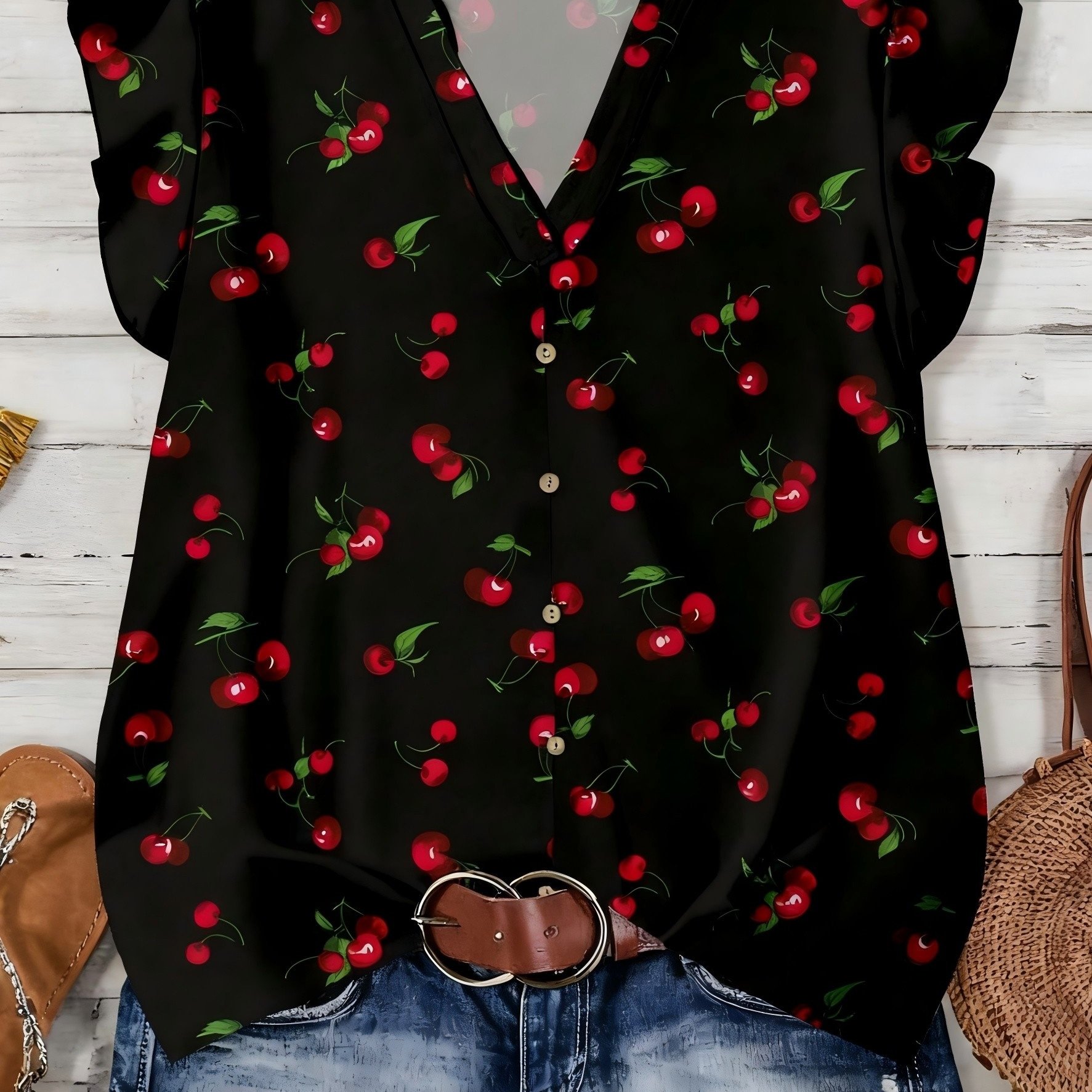 E-shop Damen Sommer Freizeit-Elegantes lockeres Hemd mit verdeckten Ärmeln, Hemd mit Kirschmuster, Damen Freizeit-Top, Sommer-Blumentop, Damenhemd für