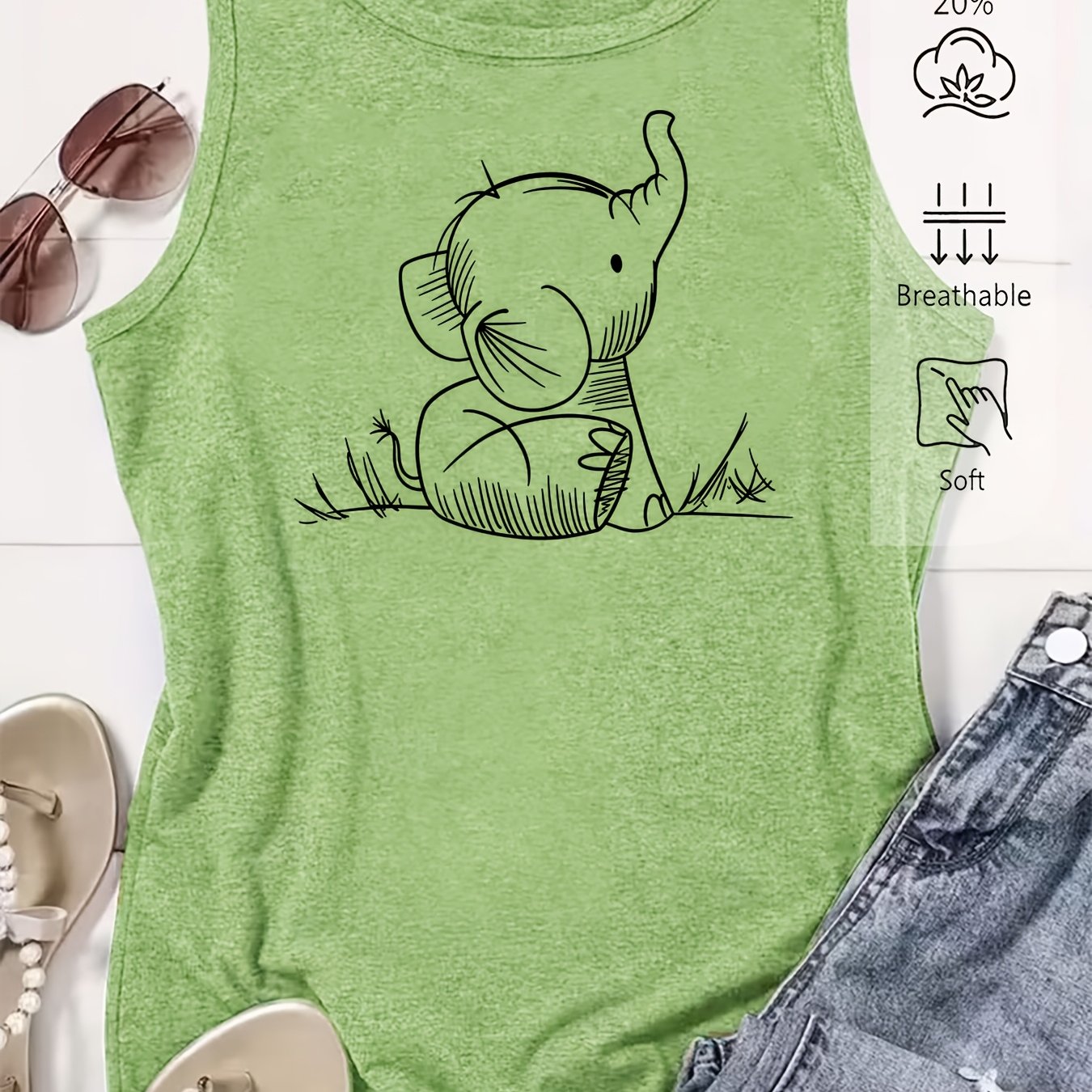 TEMU Women's Elegant Tank Top With Cute Elephant Line Art Print, Casual Loose Fit Summer Vest, Fashionable And Unique Soft & For Commuting, Vacation,