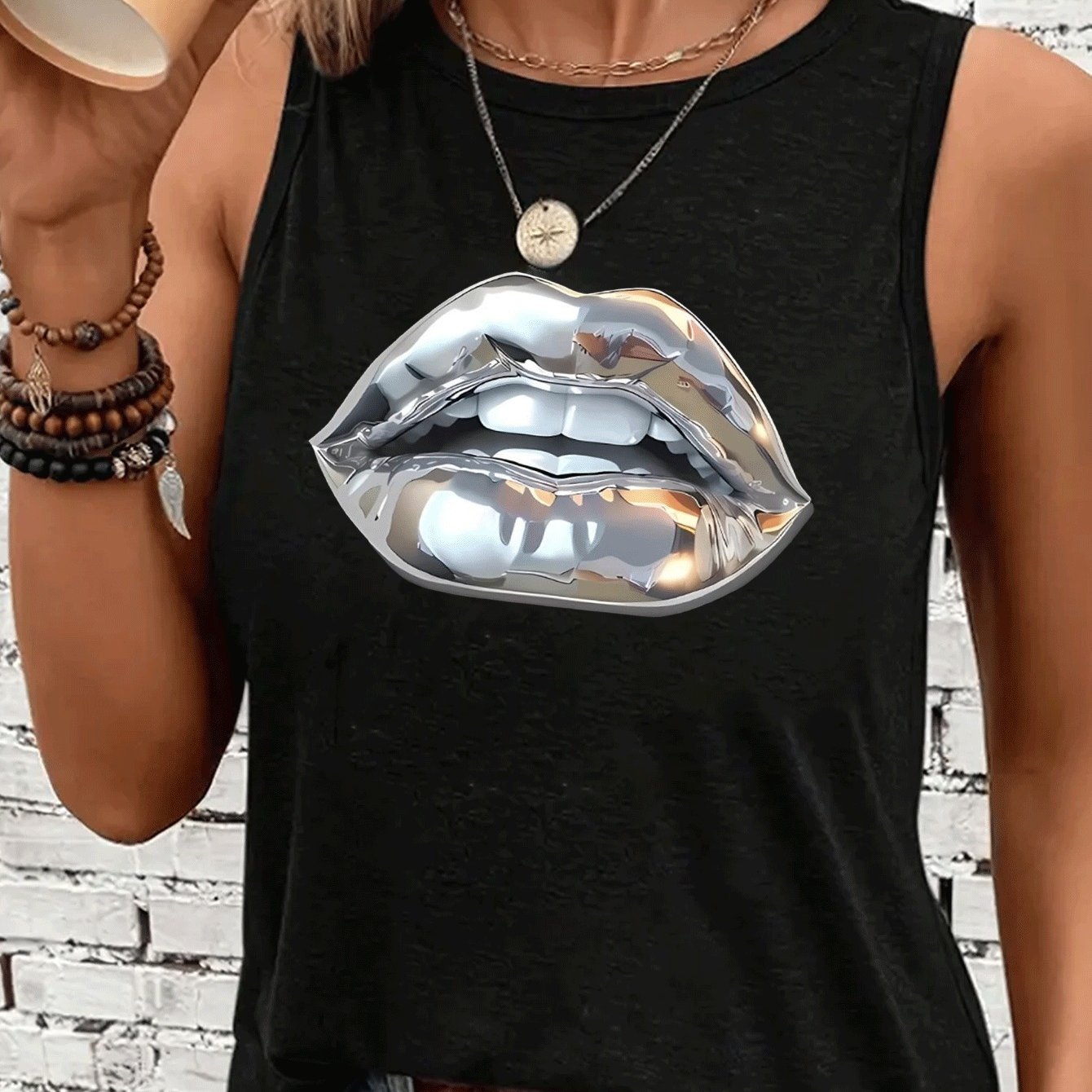 TEMU Camiseta Sin Casual para Mujer con Estampado Geométrico de Labios Dorados Brillantes - Camisa Elástica , Ajuste y Tejido No Transparente Lavable
