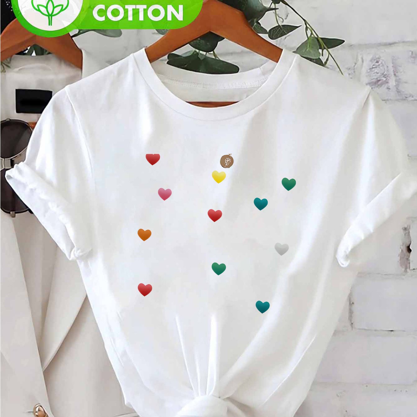 TEMU A Colorful Hearts Pattern Designed Pure T-shirt, Women's T-shirt, High Quality T-shirt, Summer Wear For Daily And Gifts For