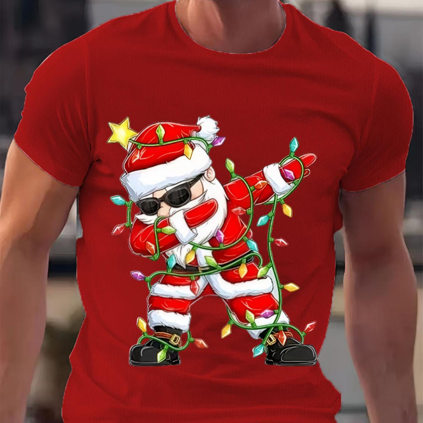 TEMU Men's Quick-dry Short Sleeve T-shirt With Santa Claus & Christmas Print - Lightweight Breathable Knit Fabric For Summer, Beach Parties, Casual &