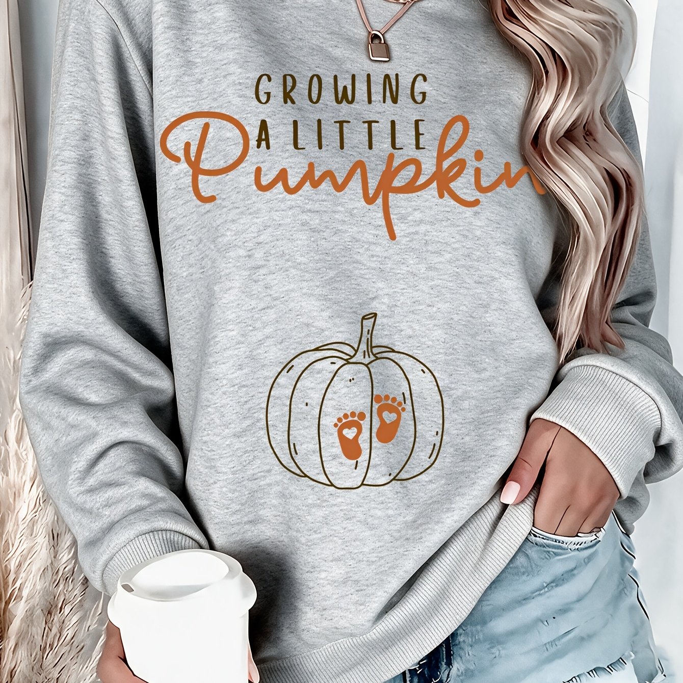 TEMU Sweatshirt pour femme " pousser une petite citrouille" pour annonce de grossesse - T-shirt à sur le ventre adapté à toutes , haut à col ras du