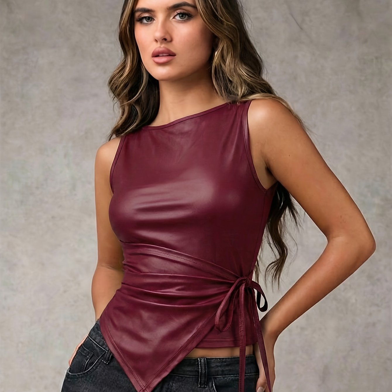 TEMU Women's Fashion Vest, Round Neck Sleeveless Asymmetrical Top, Stretch Fabric, Suitable For Parties, Casual Gatherings, And Bars, Wearable All
