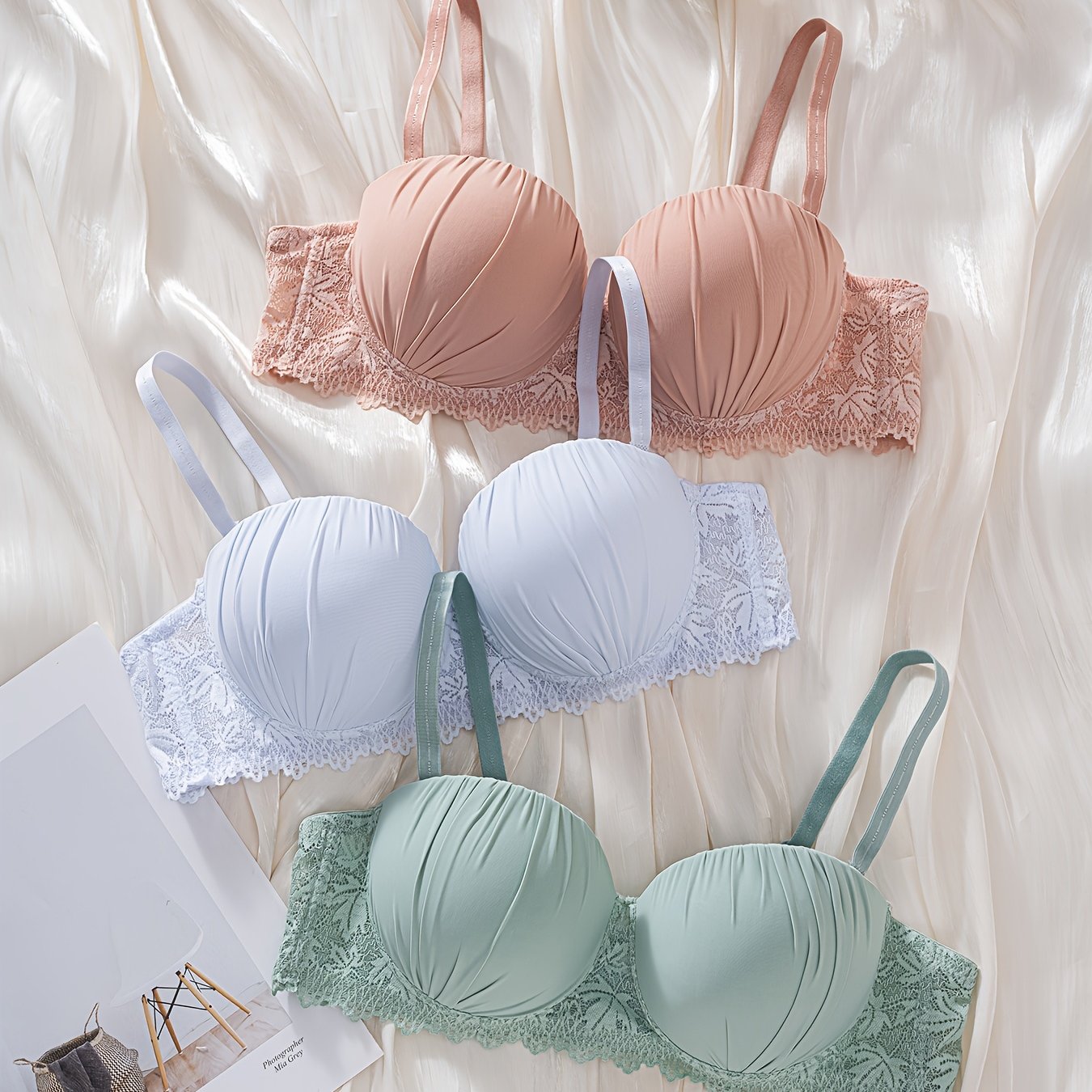 TEMU 3pcs Set Of Women's Ruched Cup Bras, Breathable Lace Trim Comfortable Bra