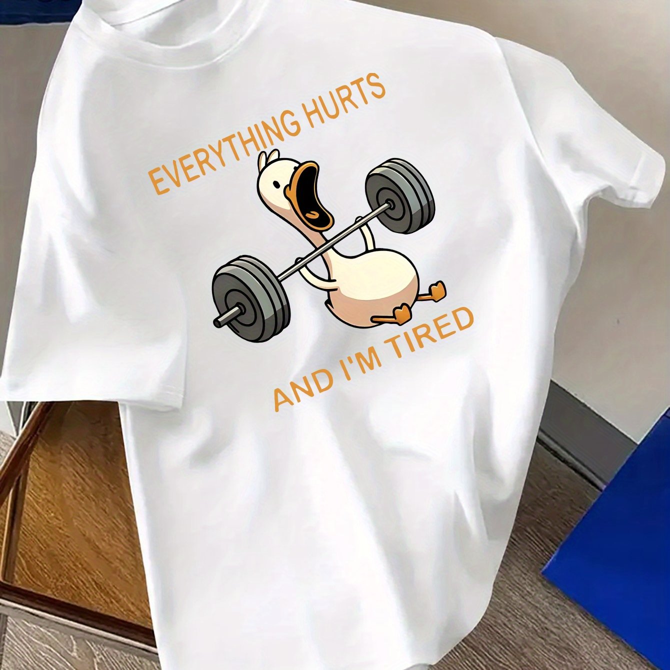 TEMU Men's Short-sleeve T-shirt With Duck Lifting Dumbbell And Letter Print, Casual Comfortable Lightweight Top, Suitable For Outdoor Men's Clothing