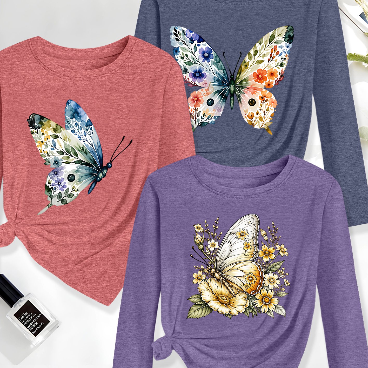 TEMU 2026 Autumn Winter New Long Sleeve Directional Shirt 3pcs Set Women's Long Sleeve Watercolor Bleeding Large Floral Retro Print Summer Casual