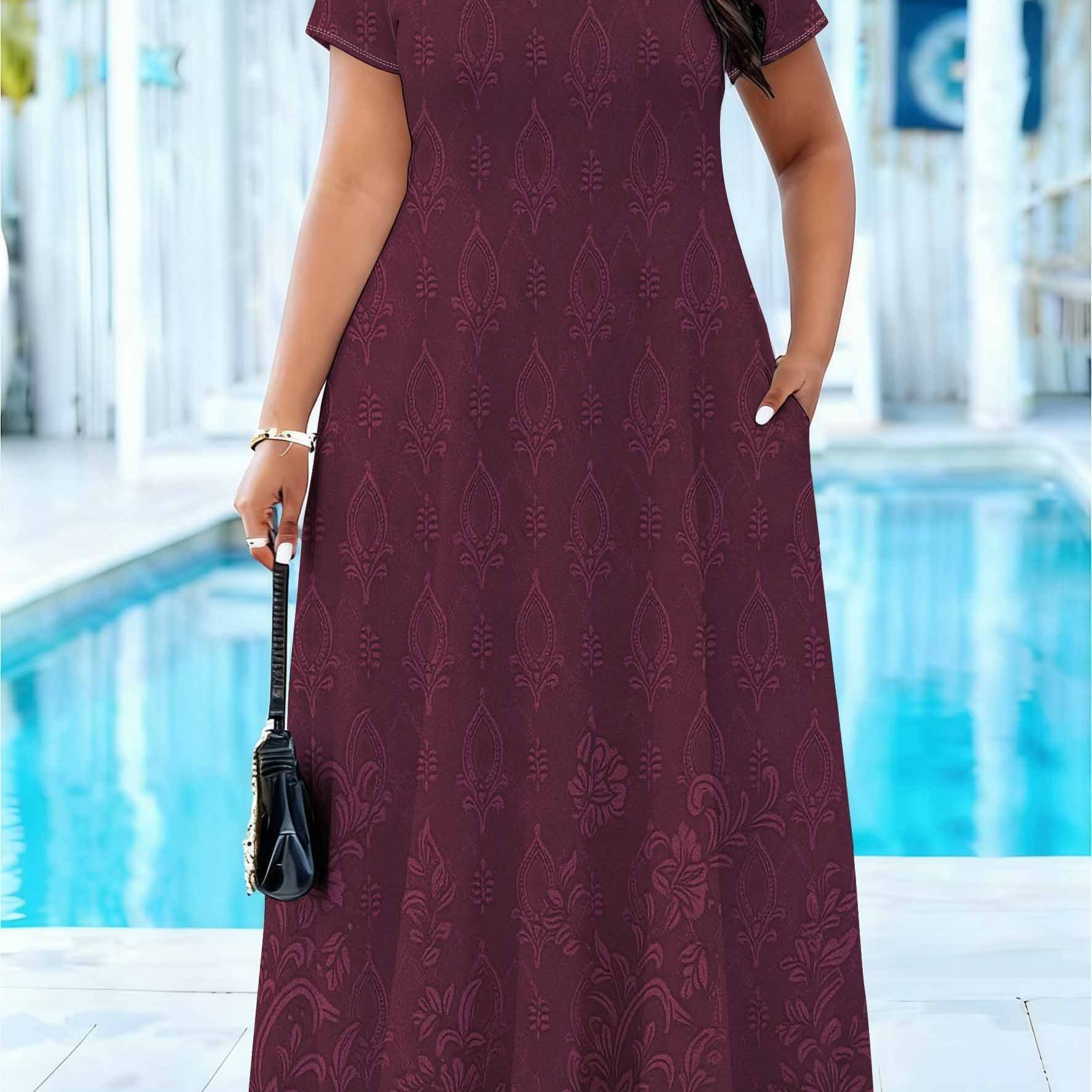 Image of Plus Size - Plus Size - Women's Plus Size Short Sleeve Maxi Dress Featuring Damask Pattern With Intricate Floral Vine Accents, Loose Flowy Round Neck Long Gown Ideal For Bridal Shower, Event