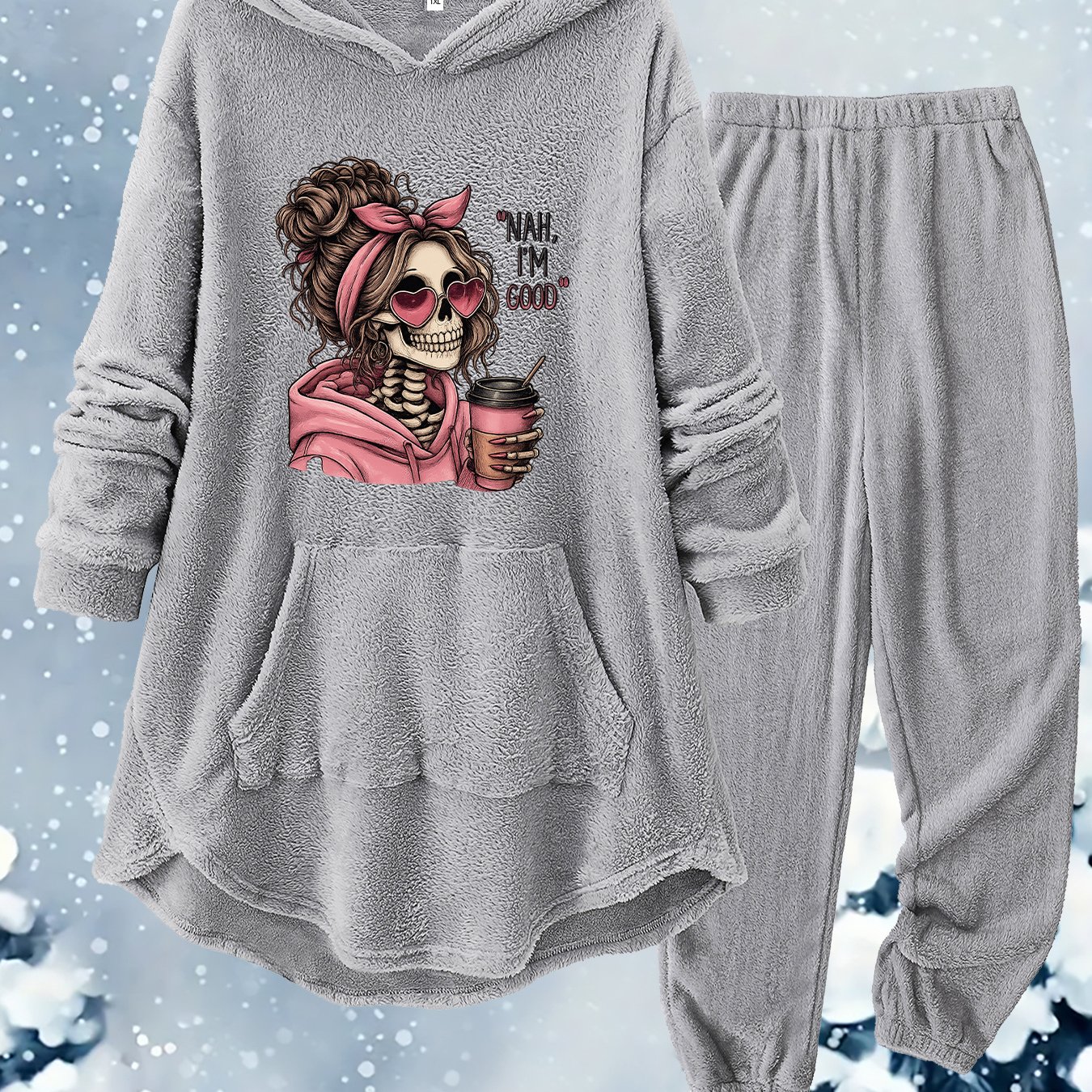 TEMU Plus Size, Autumn/winter Plus Size Hooded Set For Women, Suitable For Home And Outdoors, Skull Print Hooded Top With Asymmetrical Hem, Elastic