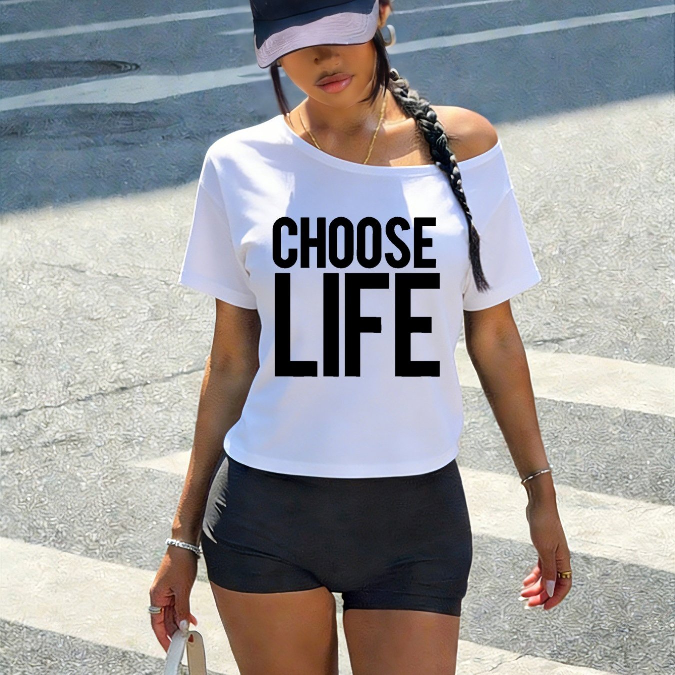 TEMU 1pc, Spicy Y2k Style, Women's Trendy -shoulder T-shirt, Fashionable Easy Design, Printed With "choose Life" Letters, Loose Fit, Suitable For