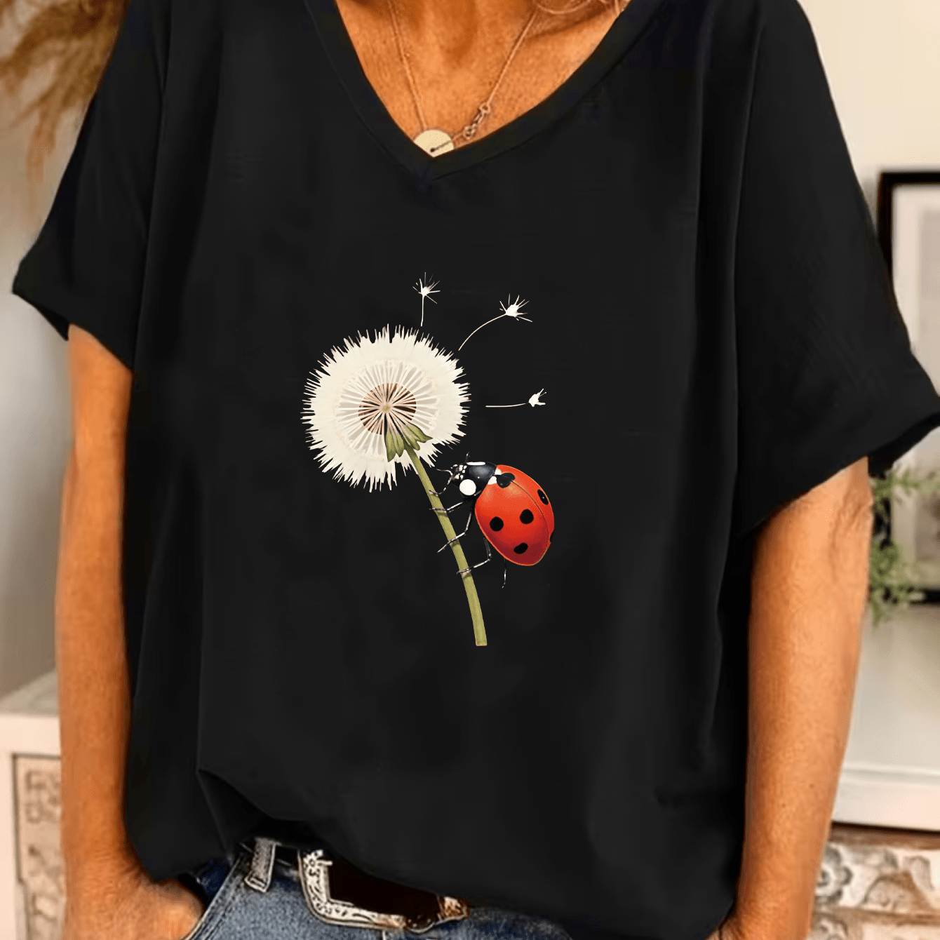 TEMU Plus Size, Plus Size Women's Elegant V-neck Batwing Sleeve T-shirt With Ladybug & Dandelion Print, Casual , Comfortable Loose , Stretch Fabric,