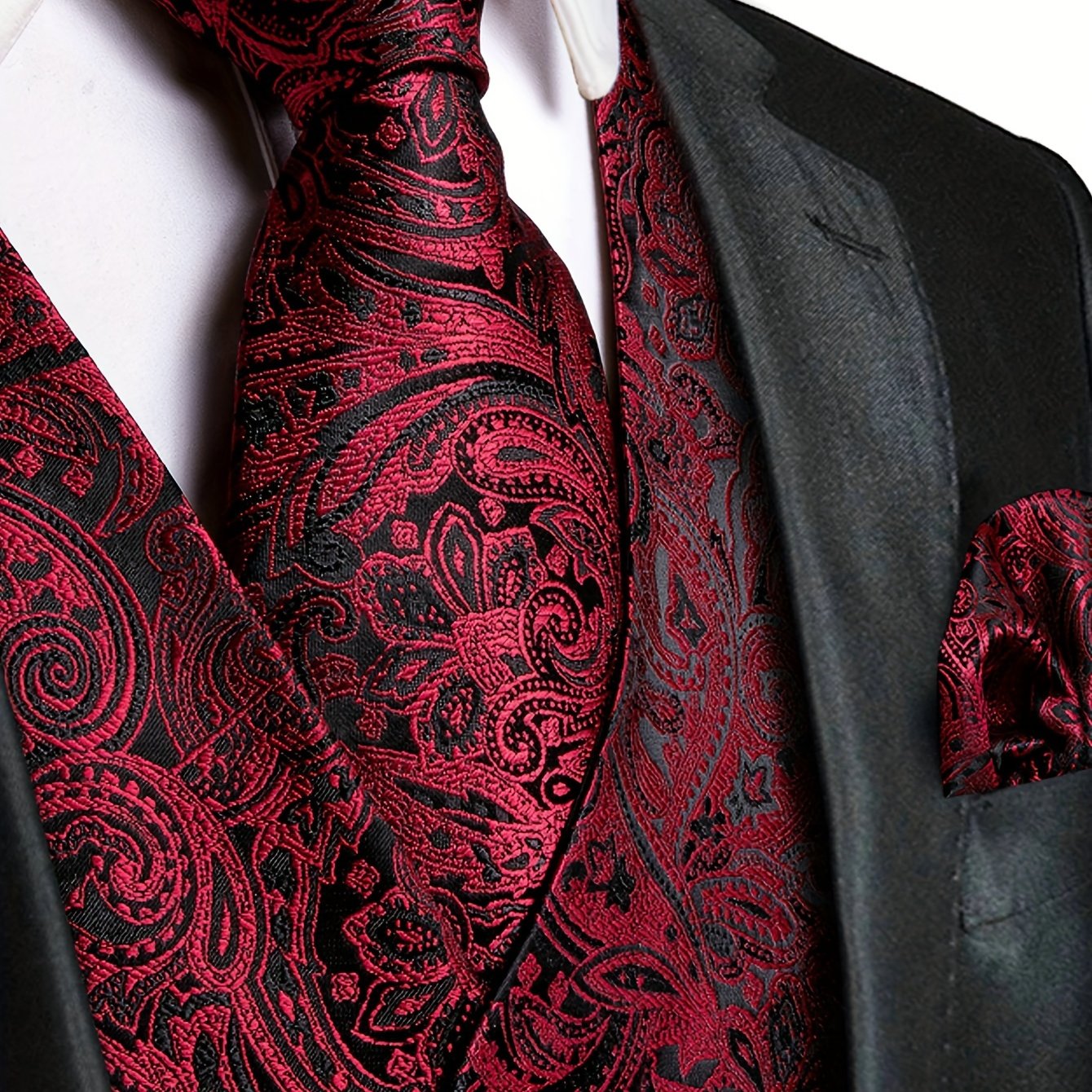 TEMU Elegant Men's Wedding Party Suit Vest Set With Tie, Handkerchief & Cufflinks - Polyester, Non-stretch, Paisley Pattern