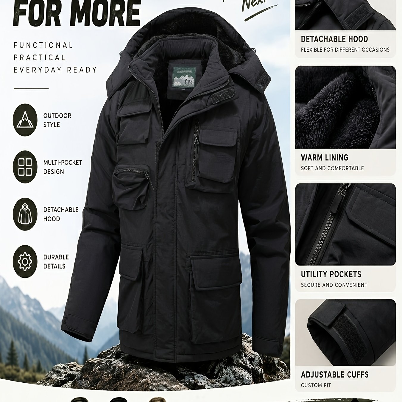 Men's Functional Style Jacket with Thickened Hood and Multi-Pockets