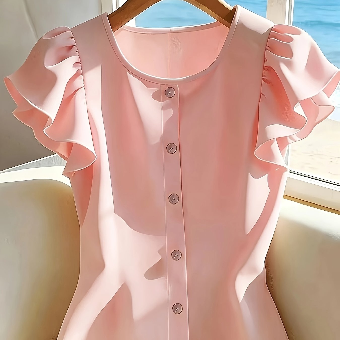 TEMU Summer New Solid Sleeve Round Neck Shirt, Summer Fashion Versatile French Button-decorated Top, Summer Fashion Elegant Shirt