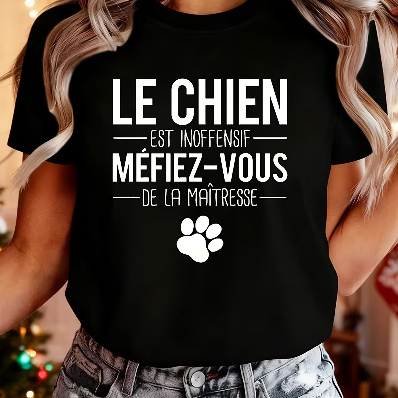 TEMU T-shirt pour femme avec française « Le Chien Est Vous » - Haut blouse semi-transparent avec imprimé en français, col rond manches courtes, tenue