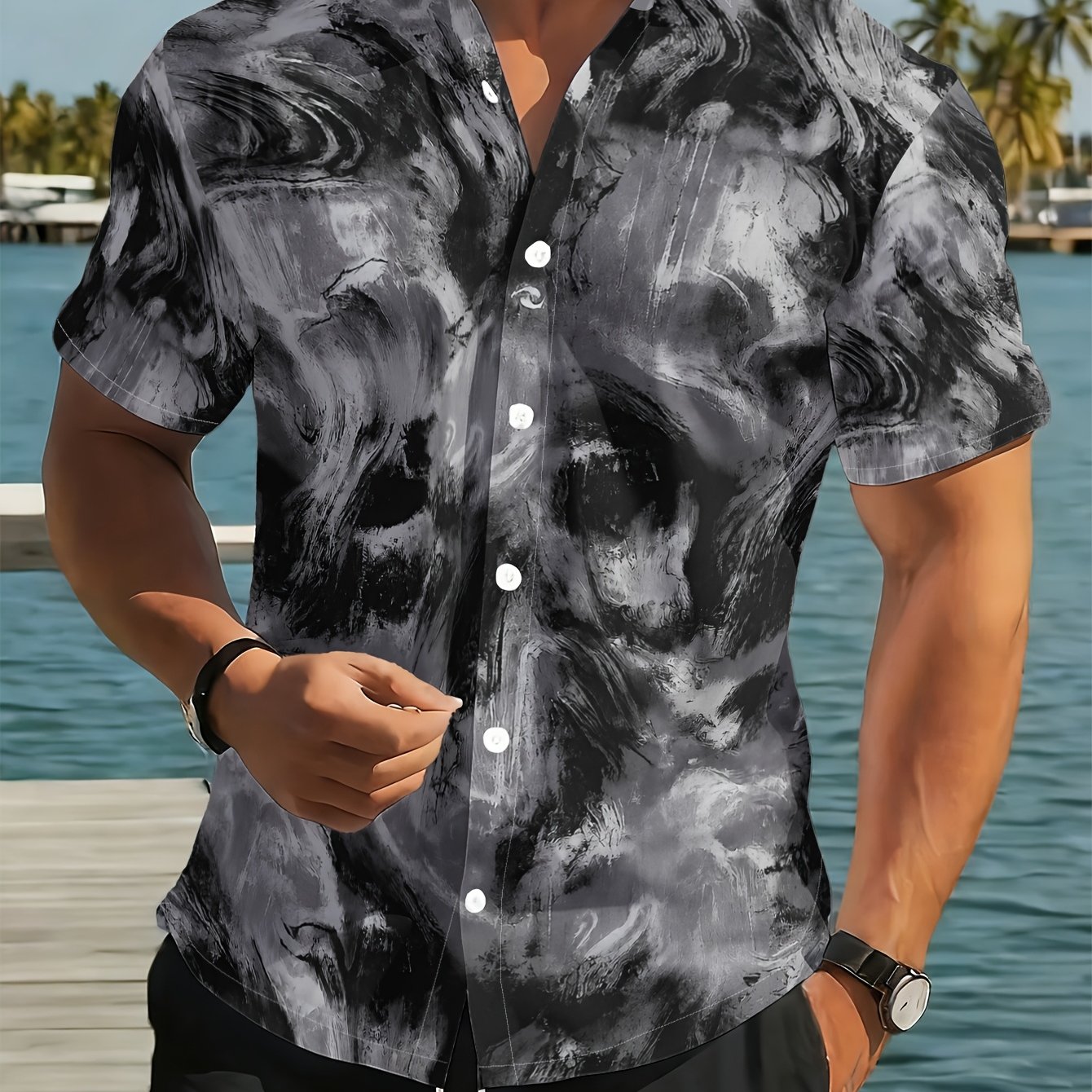 TEMU Men's Short Sleeve Shirt | Trendy Abstract Art Summer Lightweight Beach Vacation Lapel Cardigan Fashion Versatile Youth Top