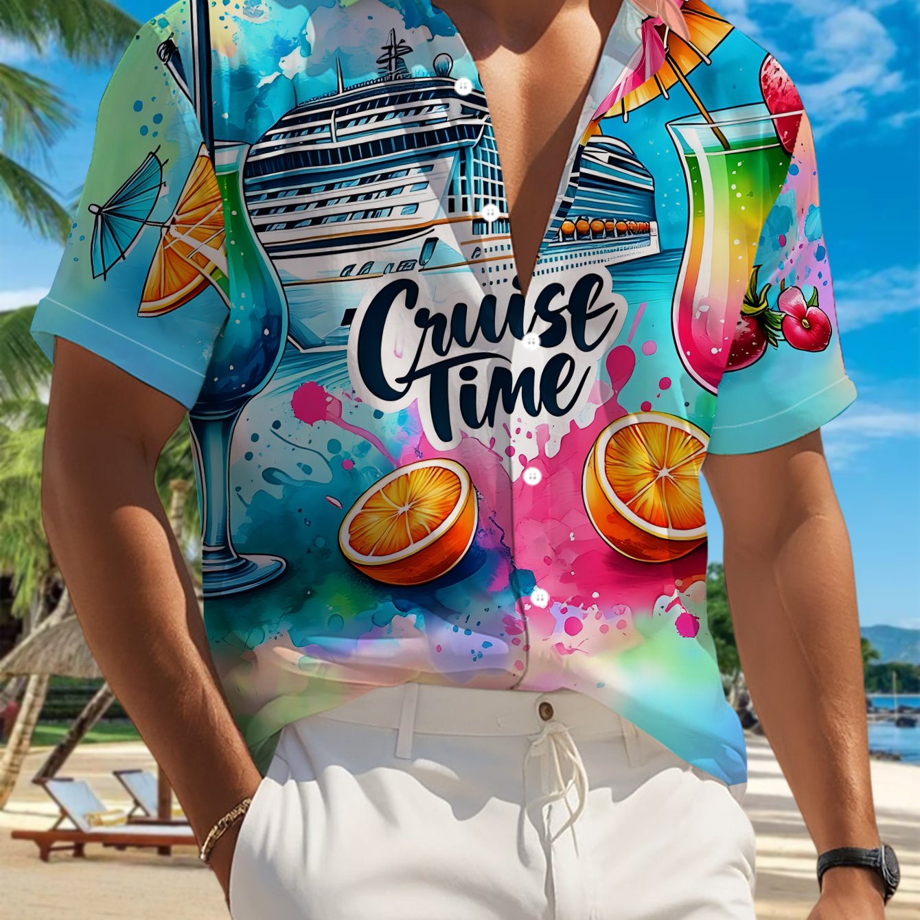 TEMU [print Design - Not Textured]'s Casual Short-sleeve Shirt, Perfect For Cruise Moments, Vibrant Drinks , Suitable For Holiday Gatherings And
