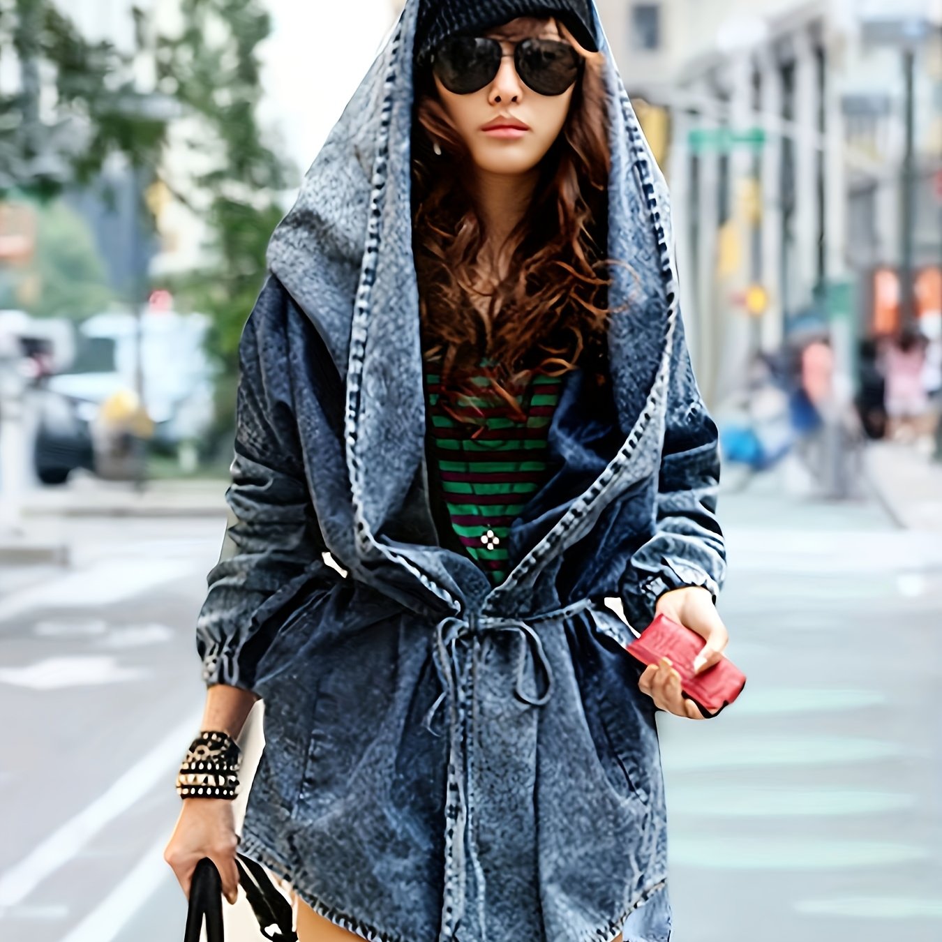 Image of Women's Vintage Denim Hooded Jacket With Drawstring Waist, Long Sleeve Casual Cape Coat, Non-stretch Fabric, Solid Color, Irregular Hem, Washed Denim Style For Spring/fall