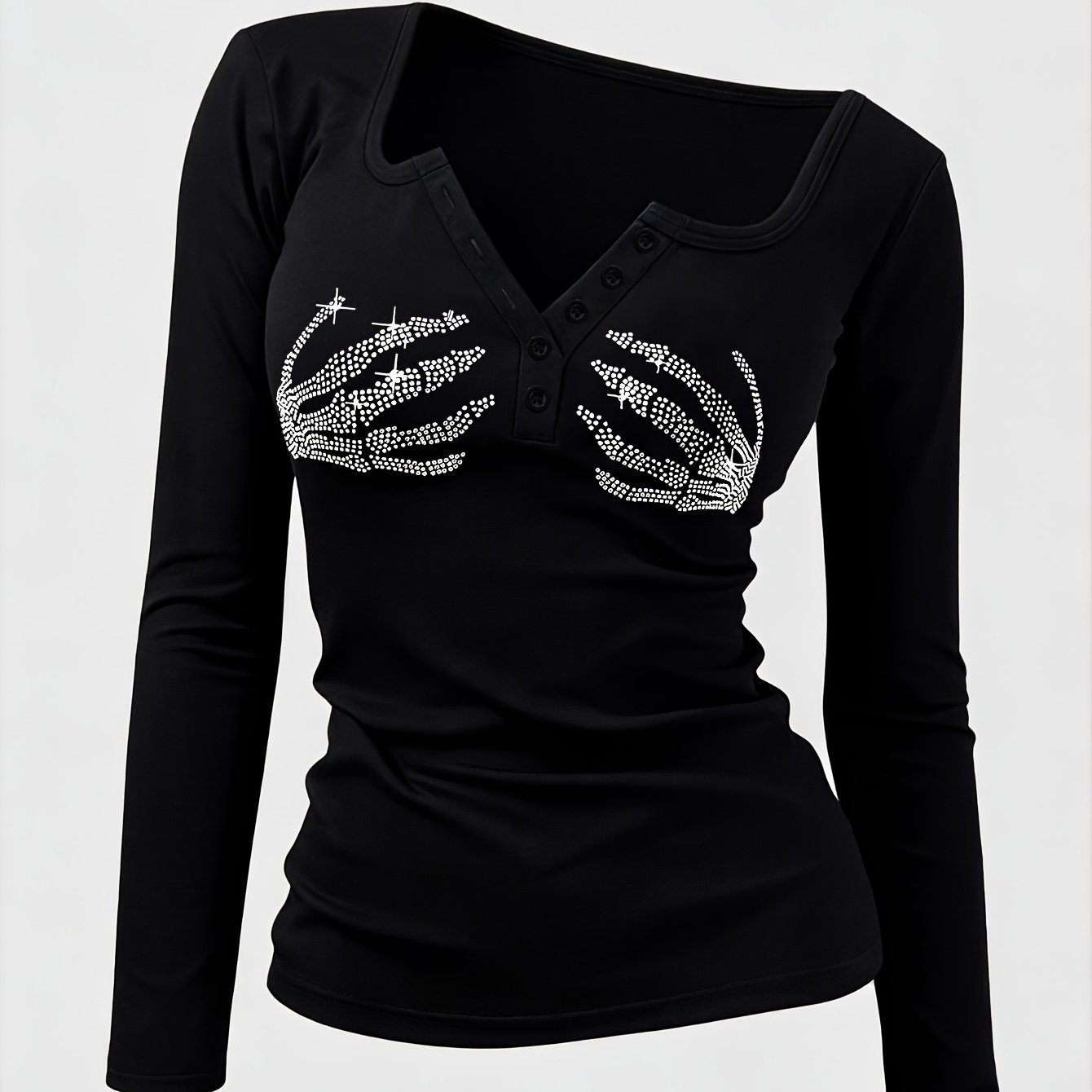 TEMU Tenue Tendance pour Femme à Motif Main de , T-shirt à Manches Longues à Boutons Col en V, une Tenue Révélatrice