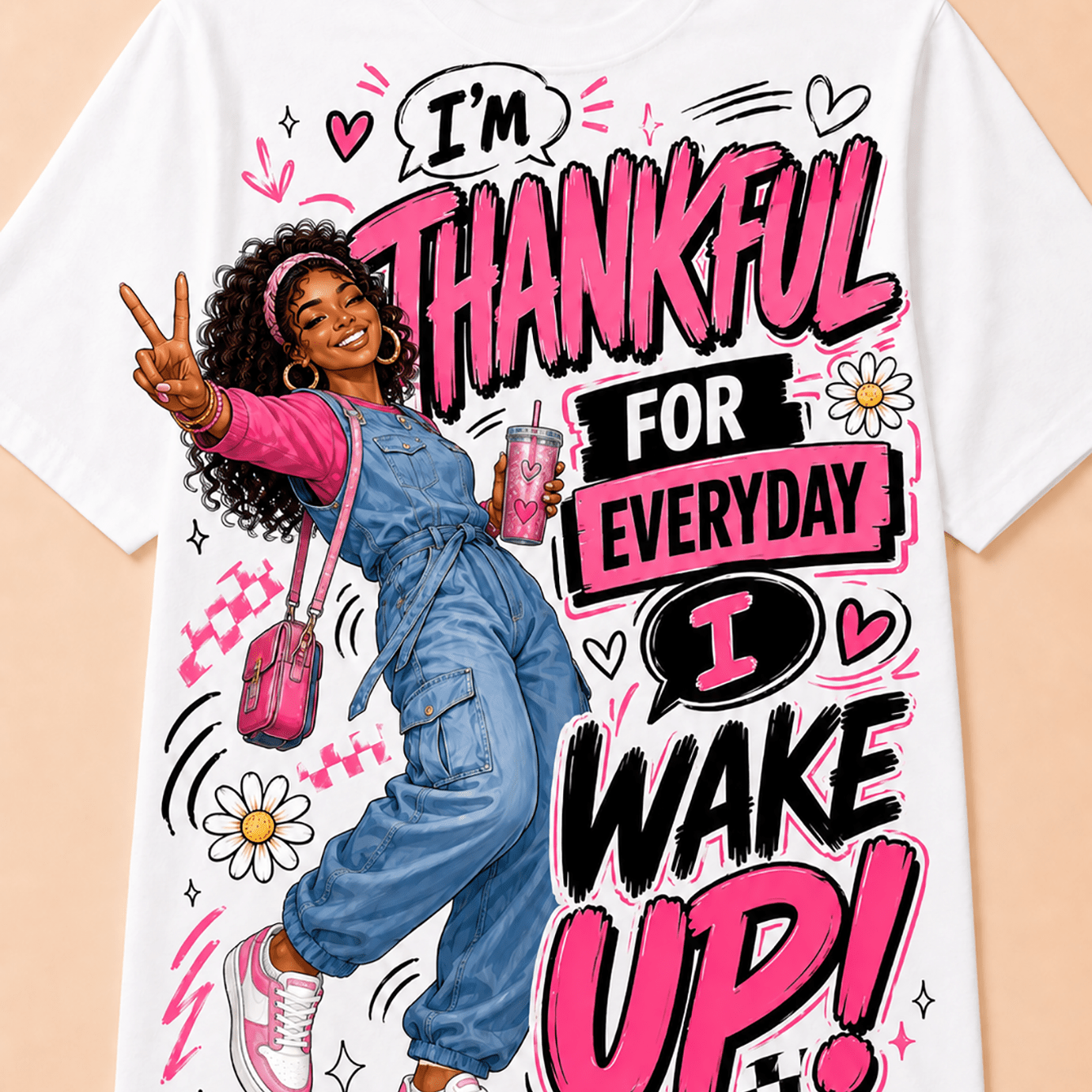 TEMU Unisex Thankful Wake Up Inspirational Quote Crew Neck T-shirt, 180g 100%, S-3xl, Breathable Black Short Sleeve Tee, Pearl Female Portrait Print,