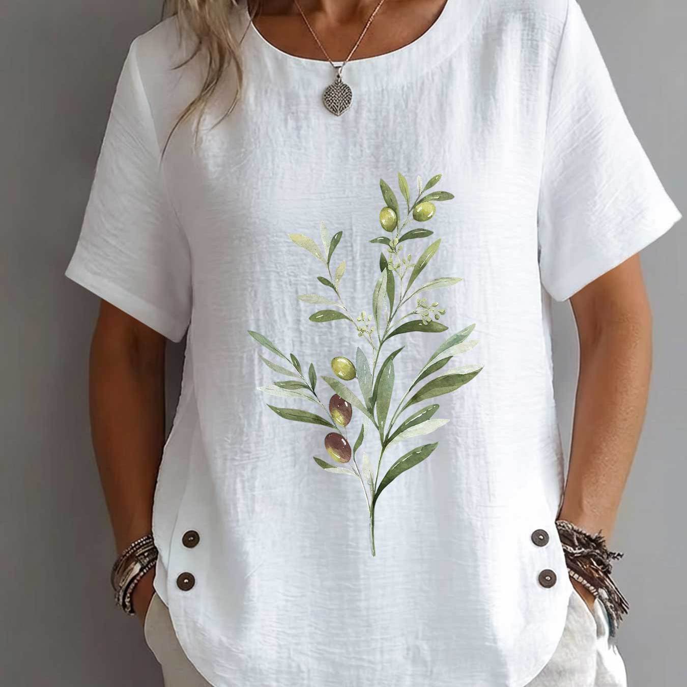 TEMU Spring Summer Women's , Leaf Print Mature Casual Round Neck Short Sleeve Elegant Clothing