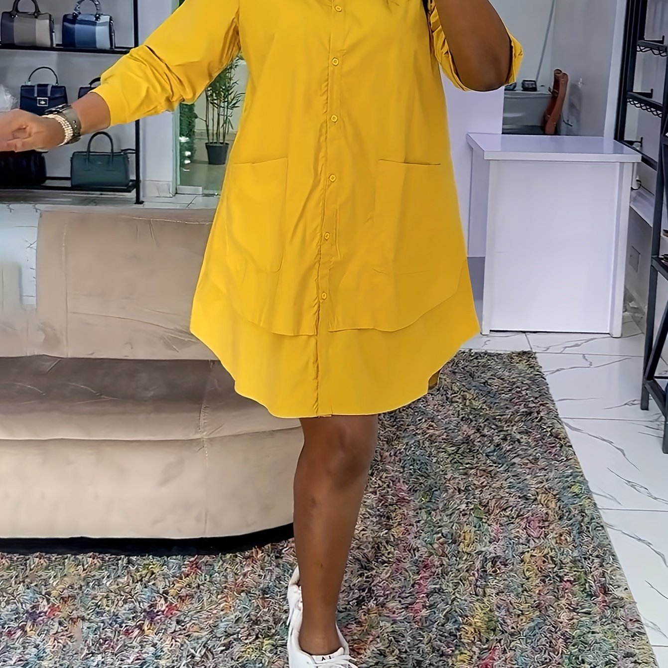 Image of Elegant Women' Color Asymmetrical Shirt Dress With Pockets - Casual , Machine Washable
