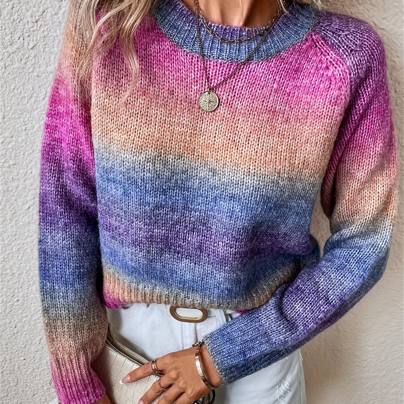 E-shop Pullover mit Rundhalsausschnitt und Farbverlauf, eleganter Pullover mit Raglanärmeln für Herbst und Winter, Damenbekleidung