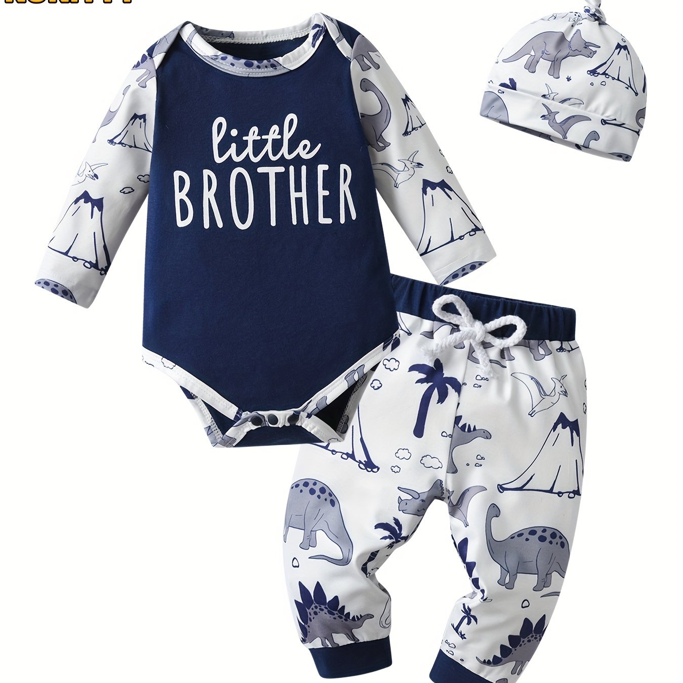 TEMU Kukitty Baby Boy Clothing Set With Long Sleeves, Featuring Little , Dinosaur Print Pants, And Hat - 3pcs Outfit For Infants, For Outdoor