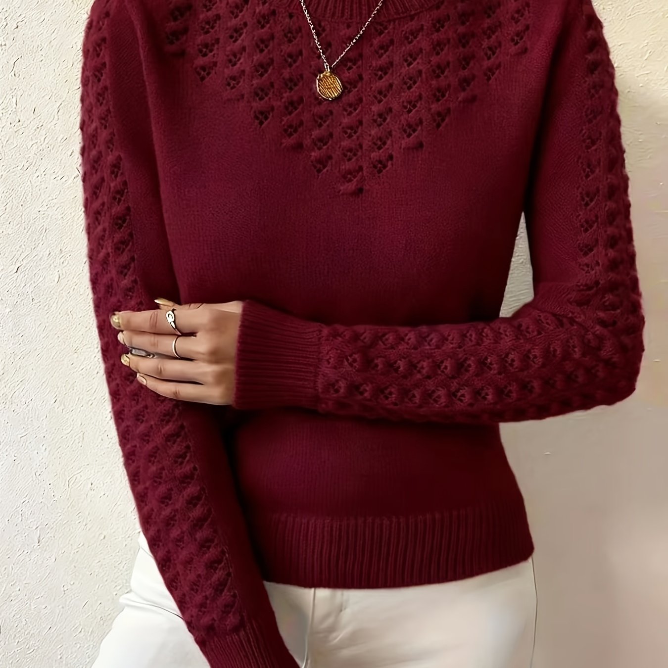 TEMU New Women's Round Neck Pullover Base Layer Sweater, Solid Color, Elegant And Simple Hollow-out Design, Women's Top, Women's Sweater