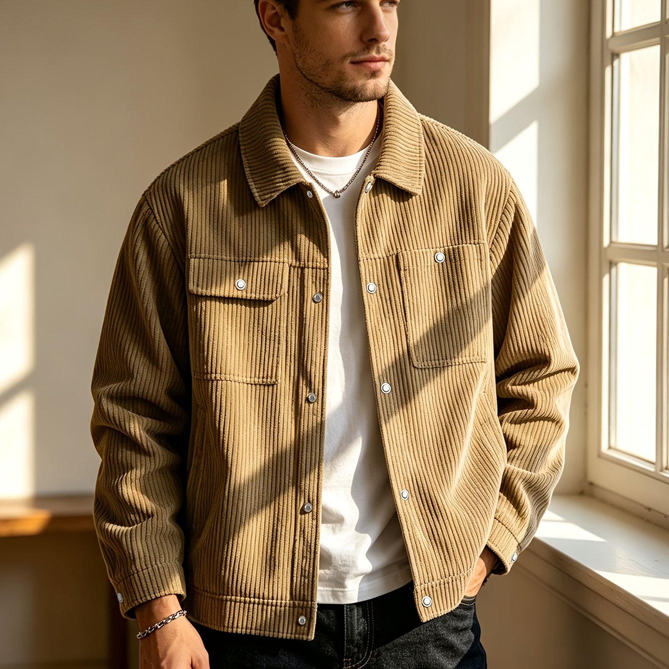 TEMU Autumn/winter Men's Outdoor Streetwear Casual Simple Solid Color Corduroy Lapel Jacket, Fashionable And Versatile, Trendy Light Business Jacket