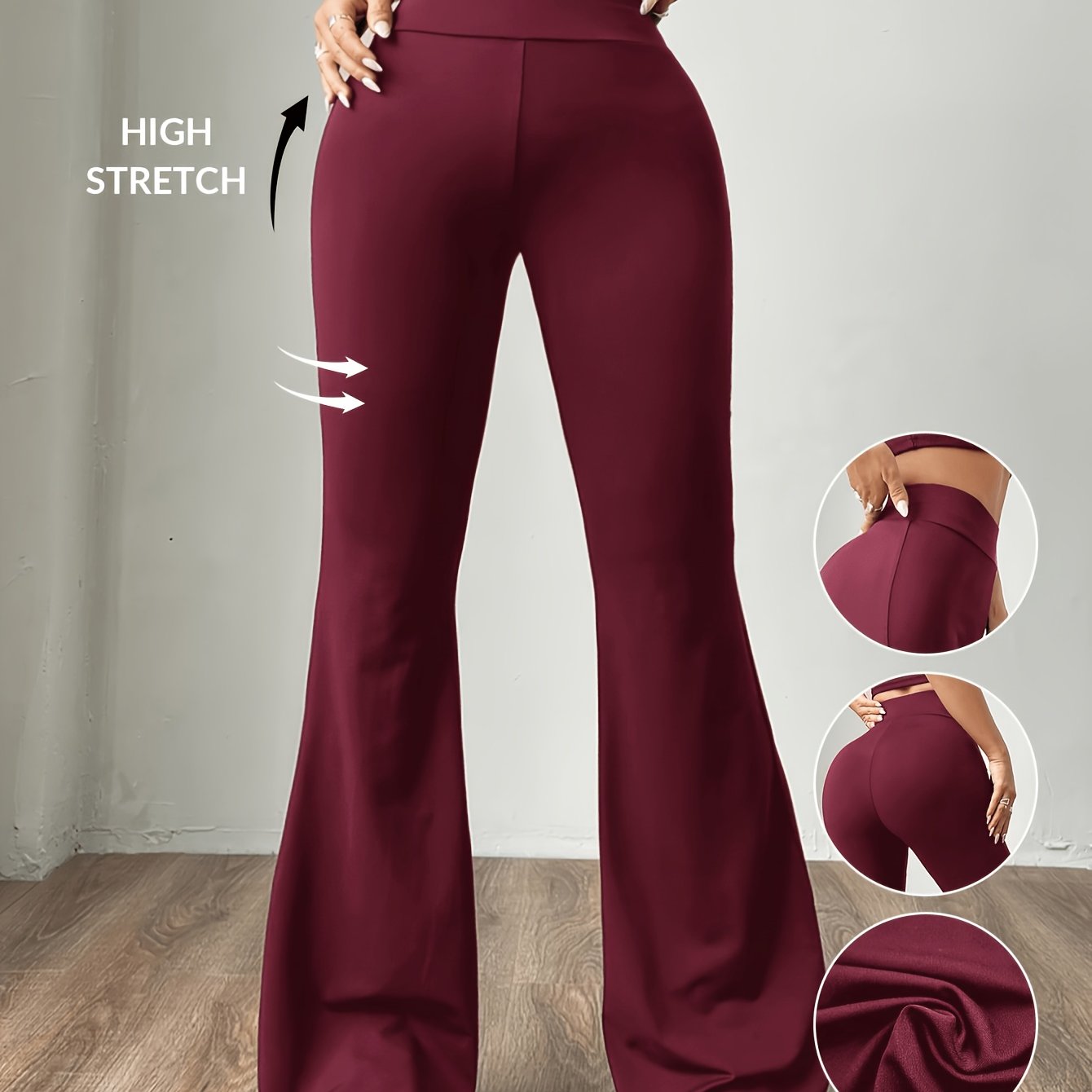 TEMU Burgundy High-waisted Women's Flared Pants, Suitable For : Spring, Summer, And Autumn