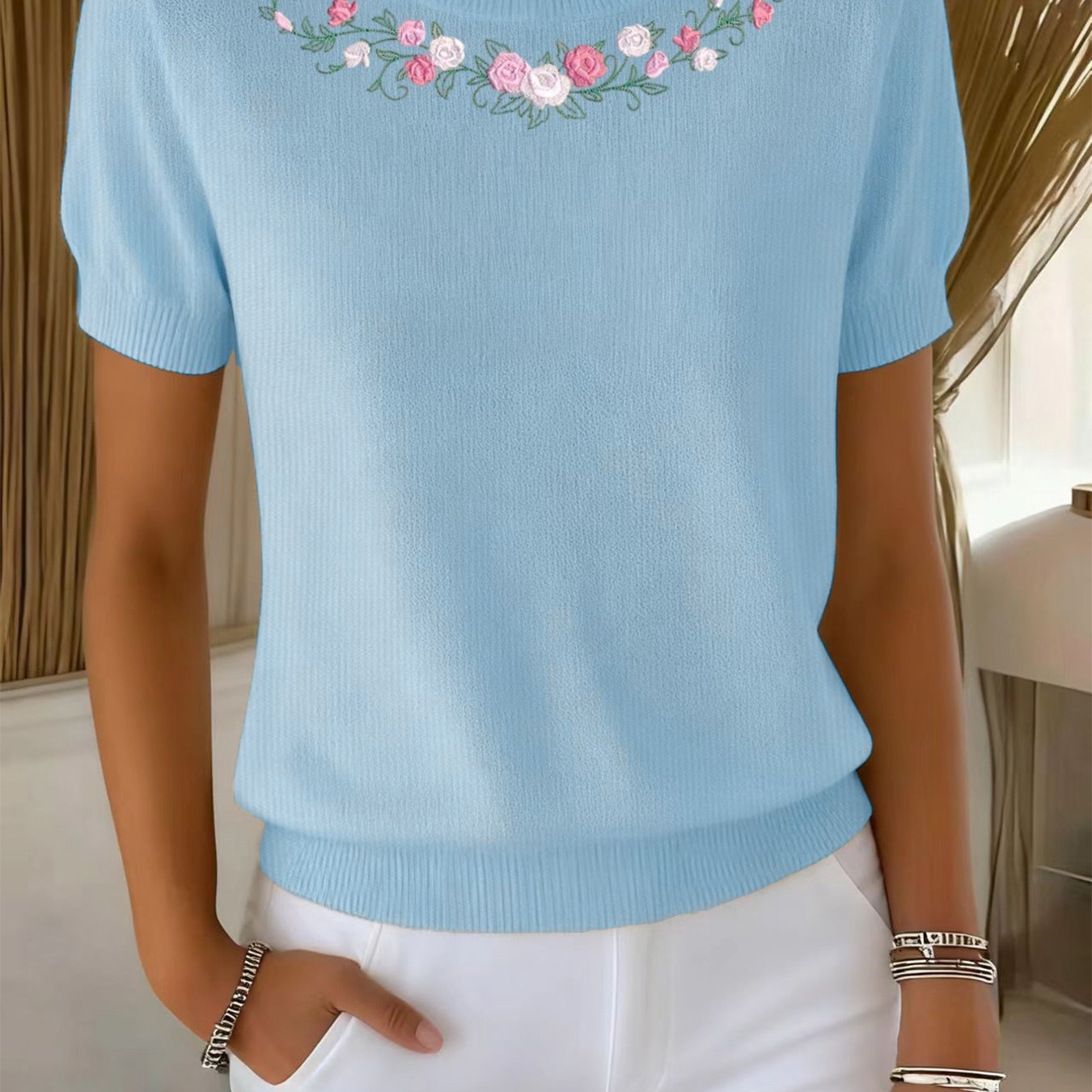 TEMU Suéter Casual para Mujer - Jersey Holgado de Manga Corta con Cuello , Top Ligeramente Elástico, Diseño Texturizado, Tejido Duradero, de Punto