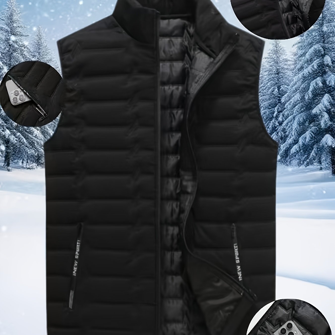 TEMU Men's Outdoor Sports Warm Vest Jacket, Stand Collar Multi-pocket Practical Vest, Technology Composite Print Windproof High Quality Sports Jacket