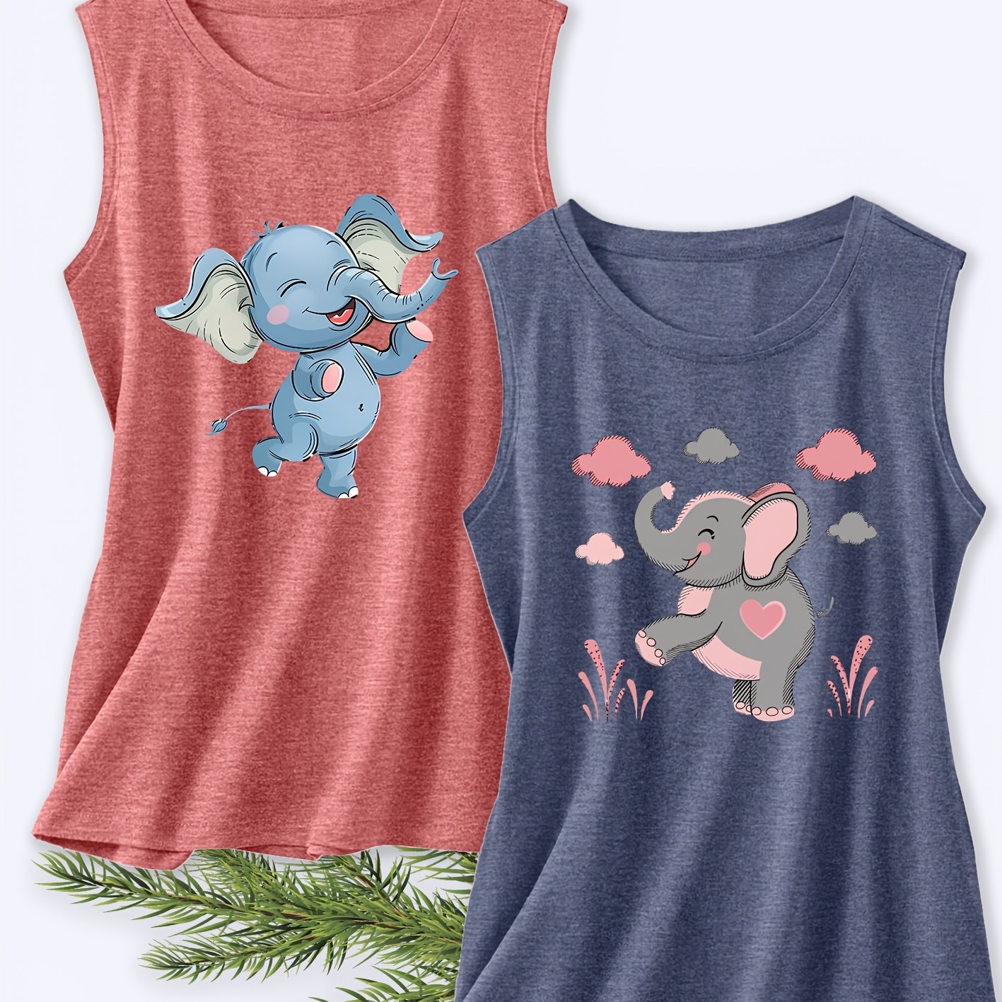 TEMU Two-pack Summer Women's Pretty Tank Tops, Cartoon Dancing Elephant Heart Elephant Series Print, Soft Stretchy Round Neck Sleeveless Tank Tops,