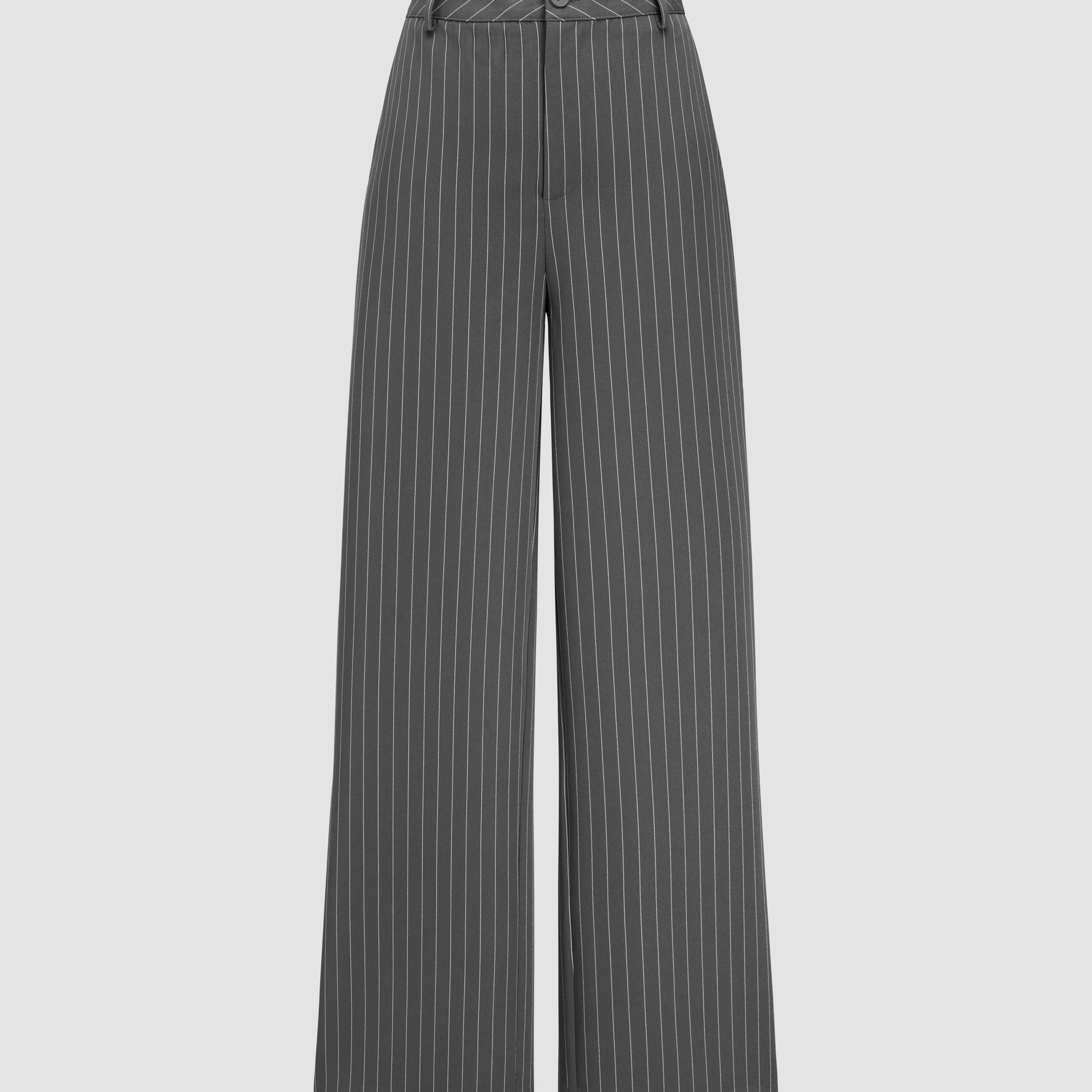 TEMU Pantalon à Rayures Chic à Taille Haute et Jambe Large pour Femme - Décontracté, Polyester Non Extensible, Lavable en Machine, Style Européen et