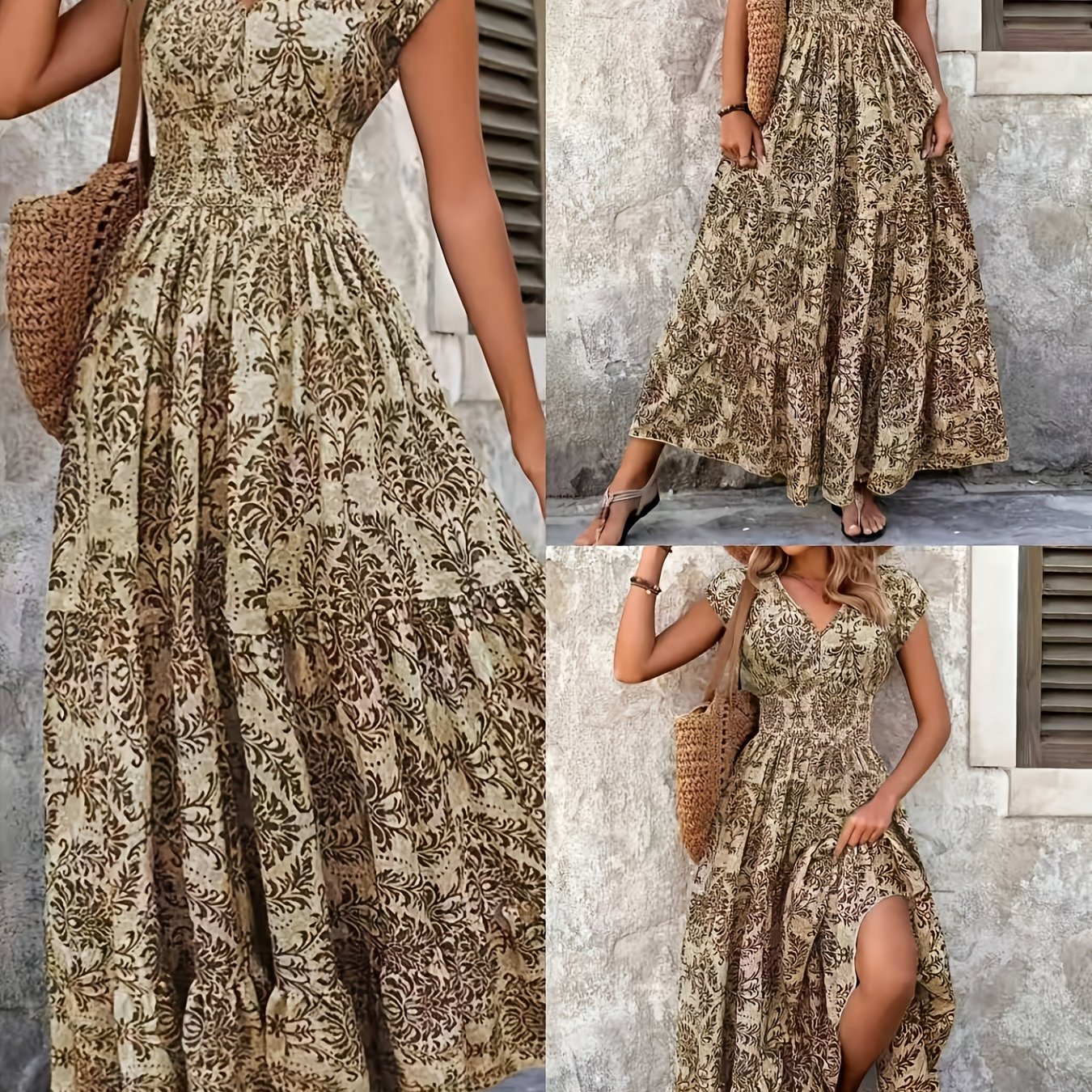 TEMU Western Spring Summer Women's New Women's Fashion Printed Long Bohemian Style Dress