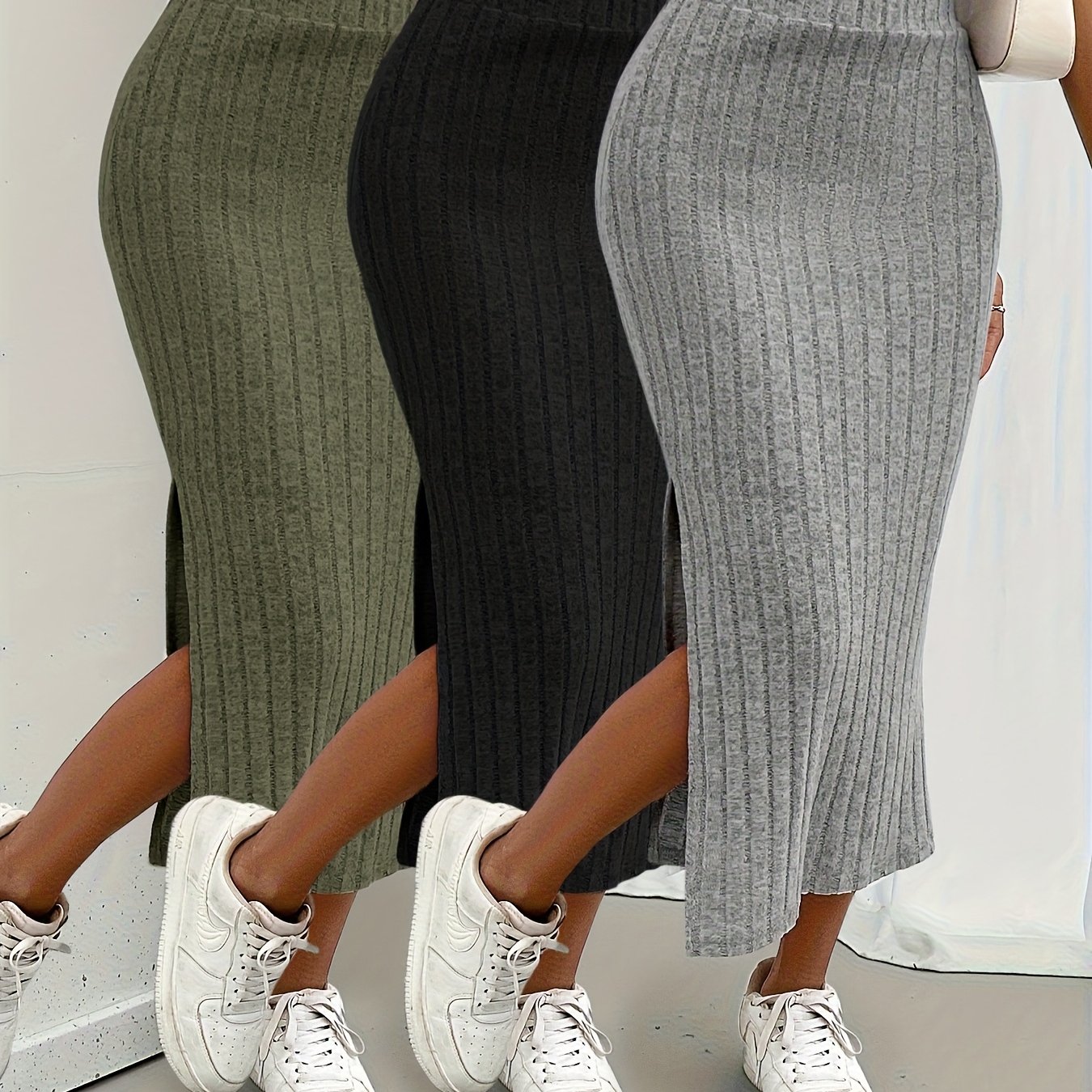 3pcs Solid Color Ribbed Midi Skirt With Slit And High Waist