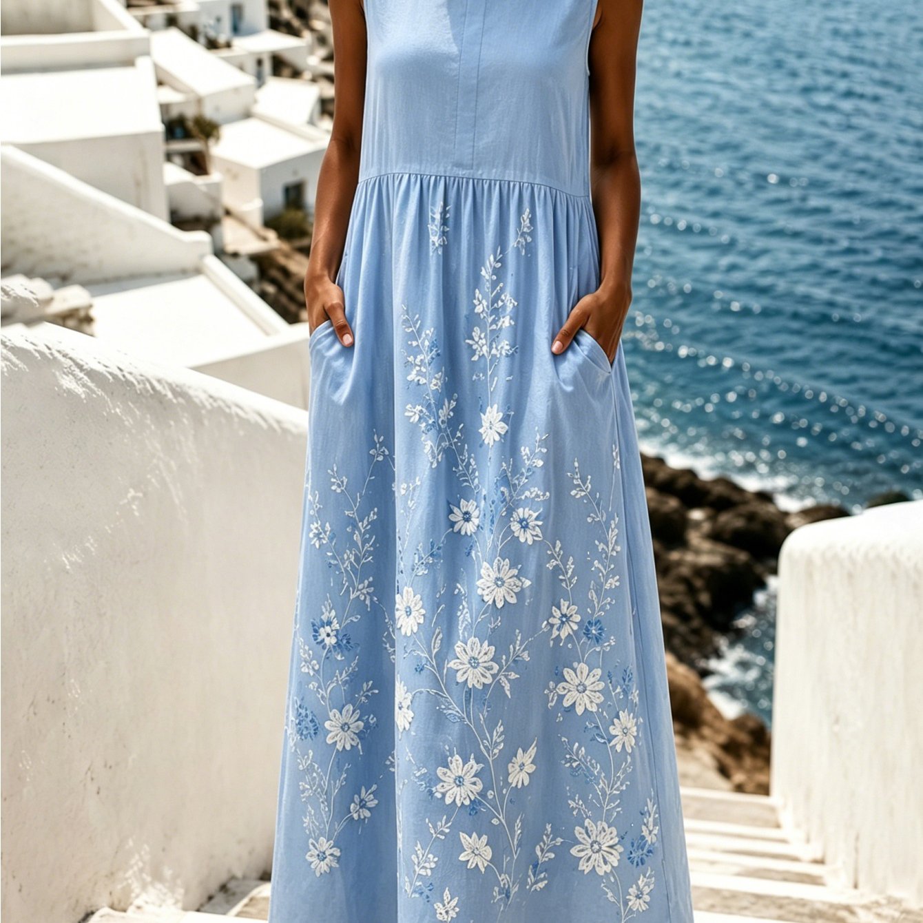 Image of Plus Size - European Plus Size Gingham Daisy Ditsy Floral Sleeveless Long Dress, Round Neck Loose Fit Midi Dress With Pockets, Vintage Cottagecore Holiday Casual Curvy Dress