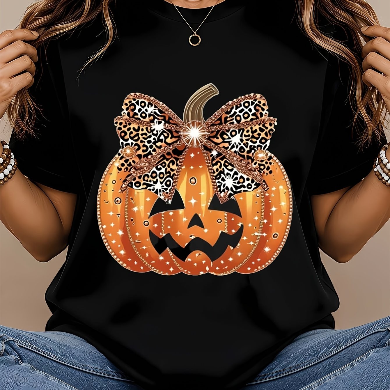 TEMU -shirt doux à col rond pour femme - Fête d'Halloween - Haut tendance à manches courtes avec motif imprimé citrouille et nœud léopard