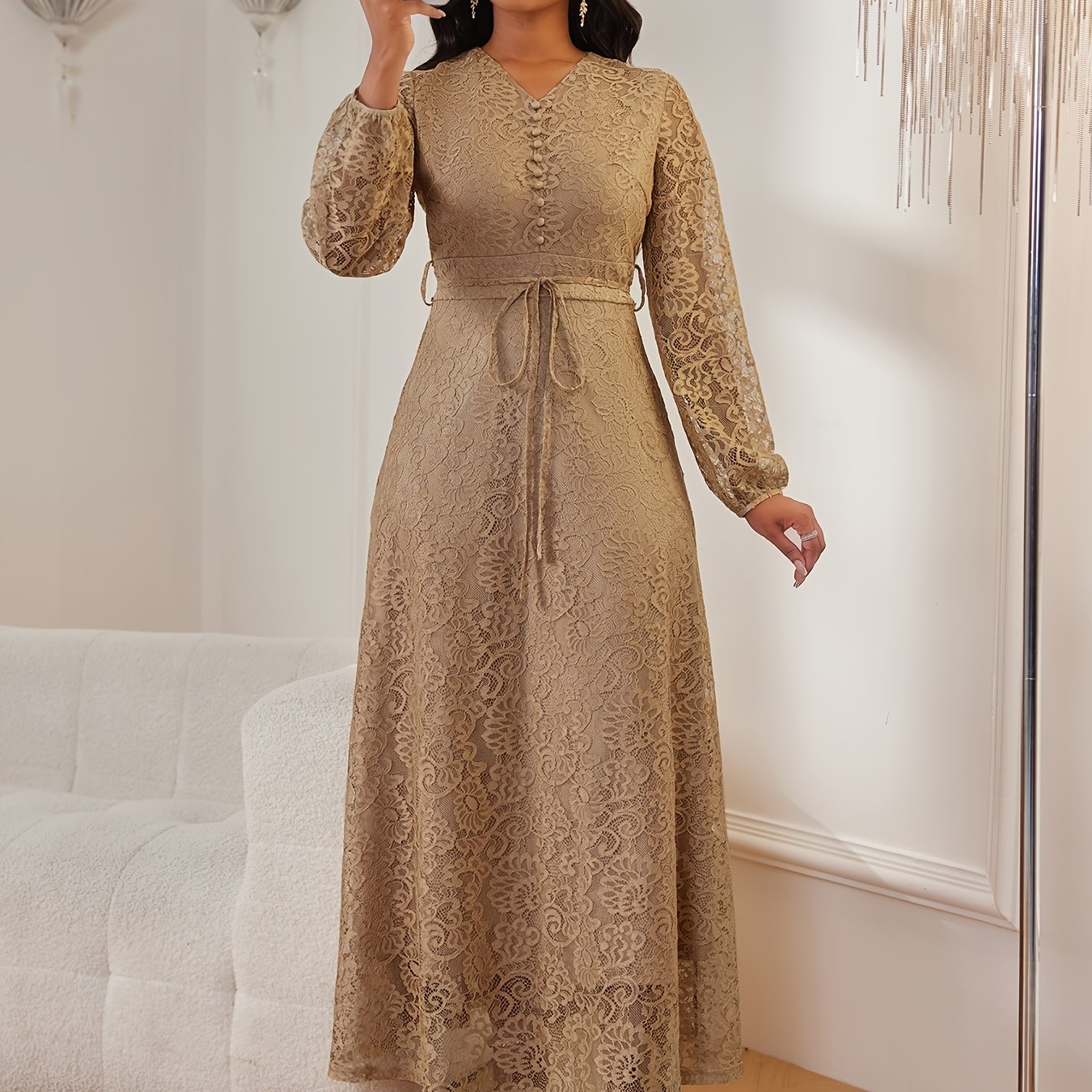 Spring And Autumn Women's Dress, Fashionable And Elegant, Office Party, Lace Flower Solid Color Semi-sheer Belted Lining, V-neck Faux Button Zipper, Long Sleeve Lace Flared Maxi Dress, Hryy332