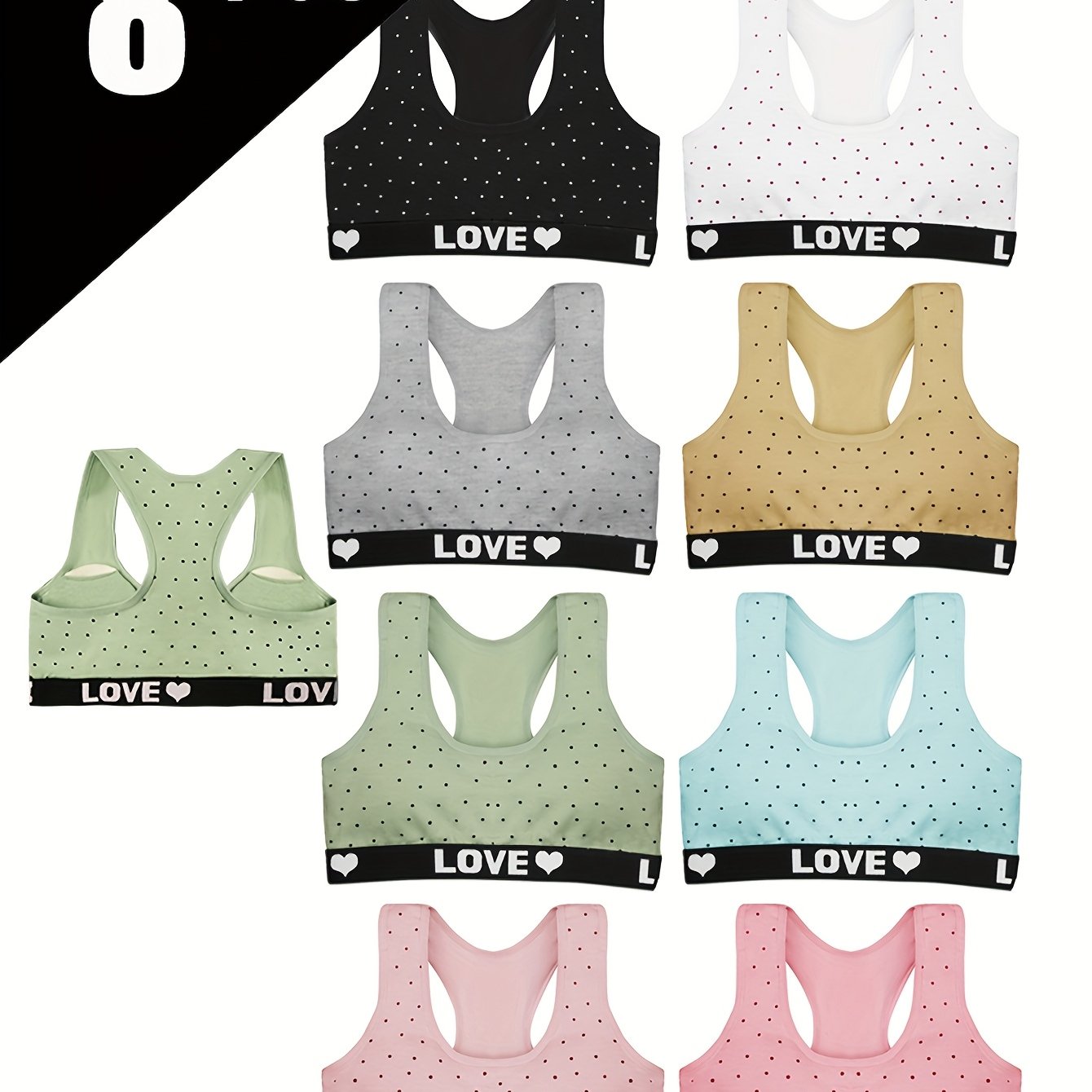 8pcs Random Color Girls' Pure Vest, Girls' And Teenagers' Development Period Underwear Vest, Suitable For Sports Running Home Daily Wear, Easy High-elastic Wear, Suitable For 10-14 Year Old Girls