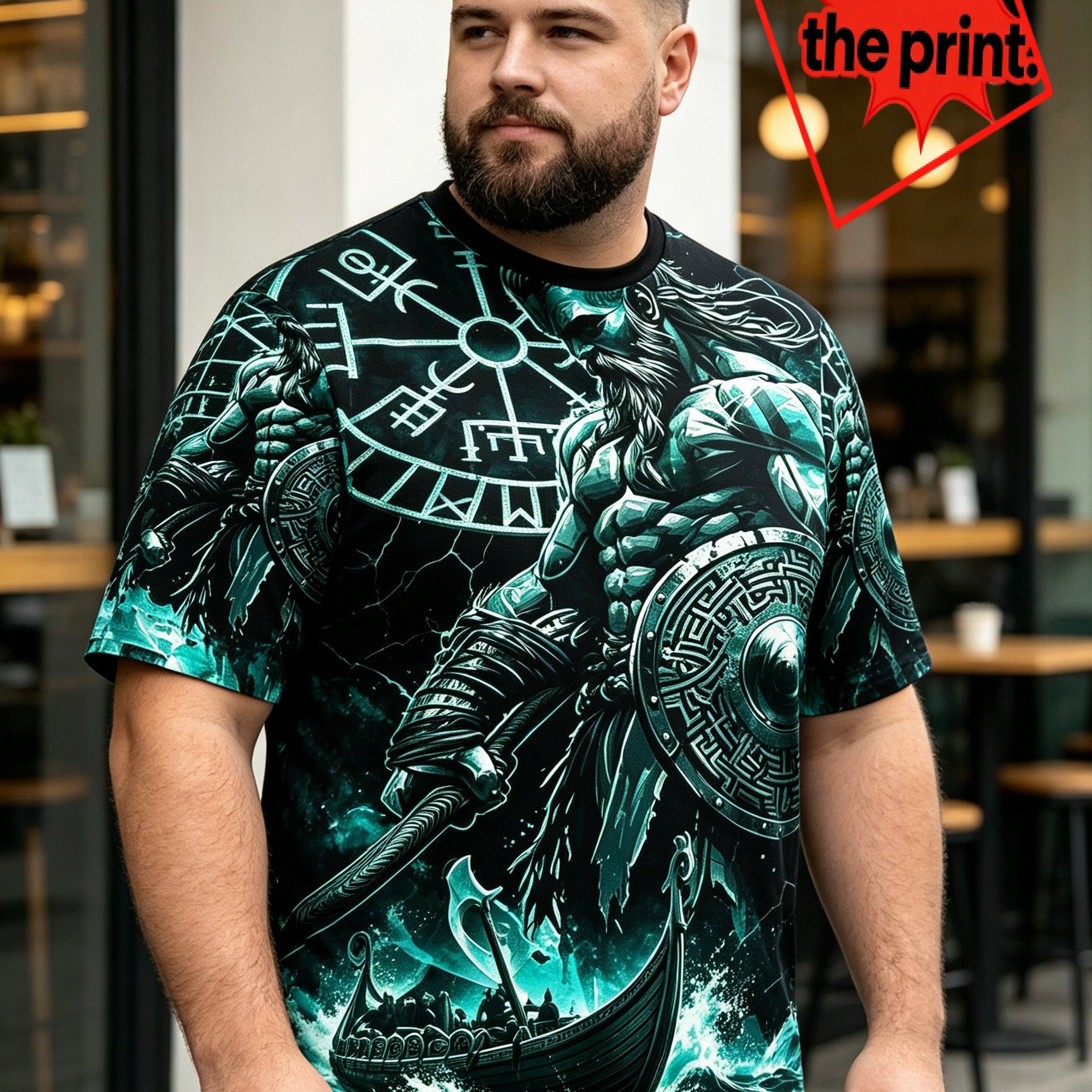 TEMU [printed Design-nottextured]plus Size Men's Summer Crew Neck T-shirt With Teal & Compass Print, Tough& Unique, Perfect For Daily & Trips, Plus