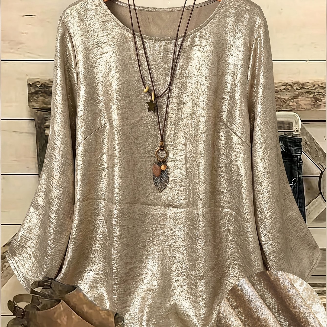 TEMU Plus Size, Women's Plus Size Solid Color Casual Three-quarter Sleeve Loose Fit Round Neck Top