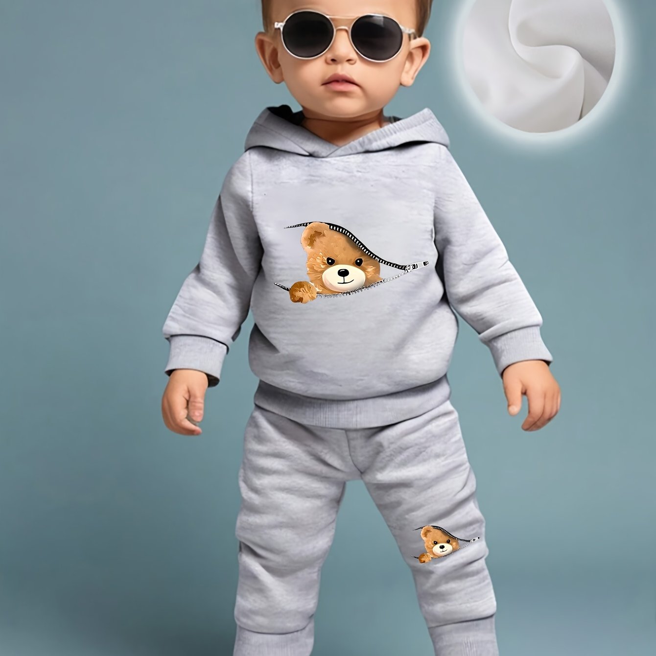 Image of Infant Long Sleeve -lined Zipper Bear Print Hooded Sweatshirt And -lined Pants Casual Sportswear Set, Perfect For Outdoor,boys And Girls Clothes