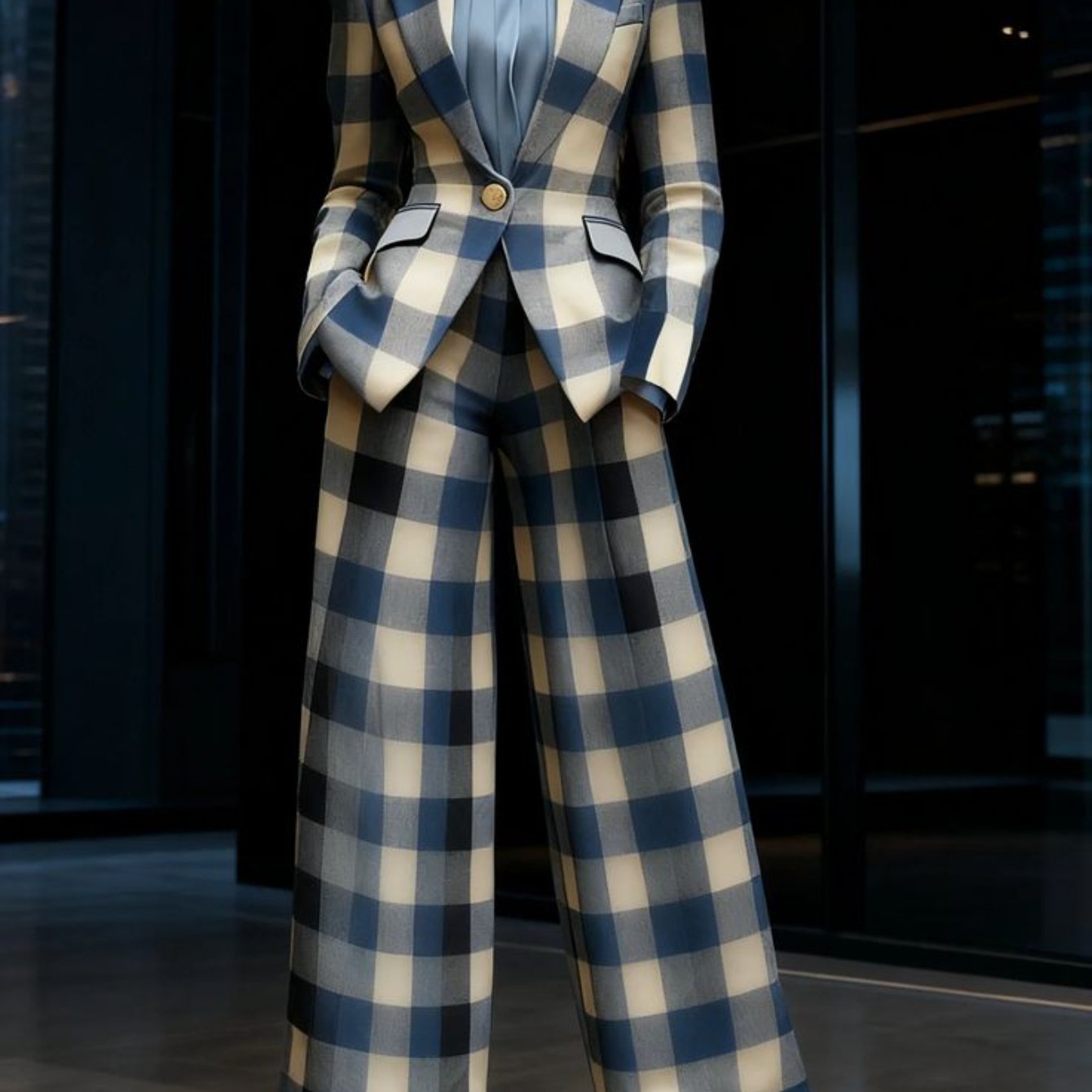 TEMU 2pcs Plaid Waist-cinched Slim Fit Wide-leg Pants Suit For Women | Stylish And , Suitable For Workplace And Business Social Occasions