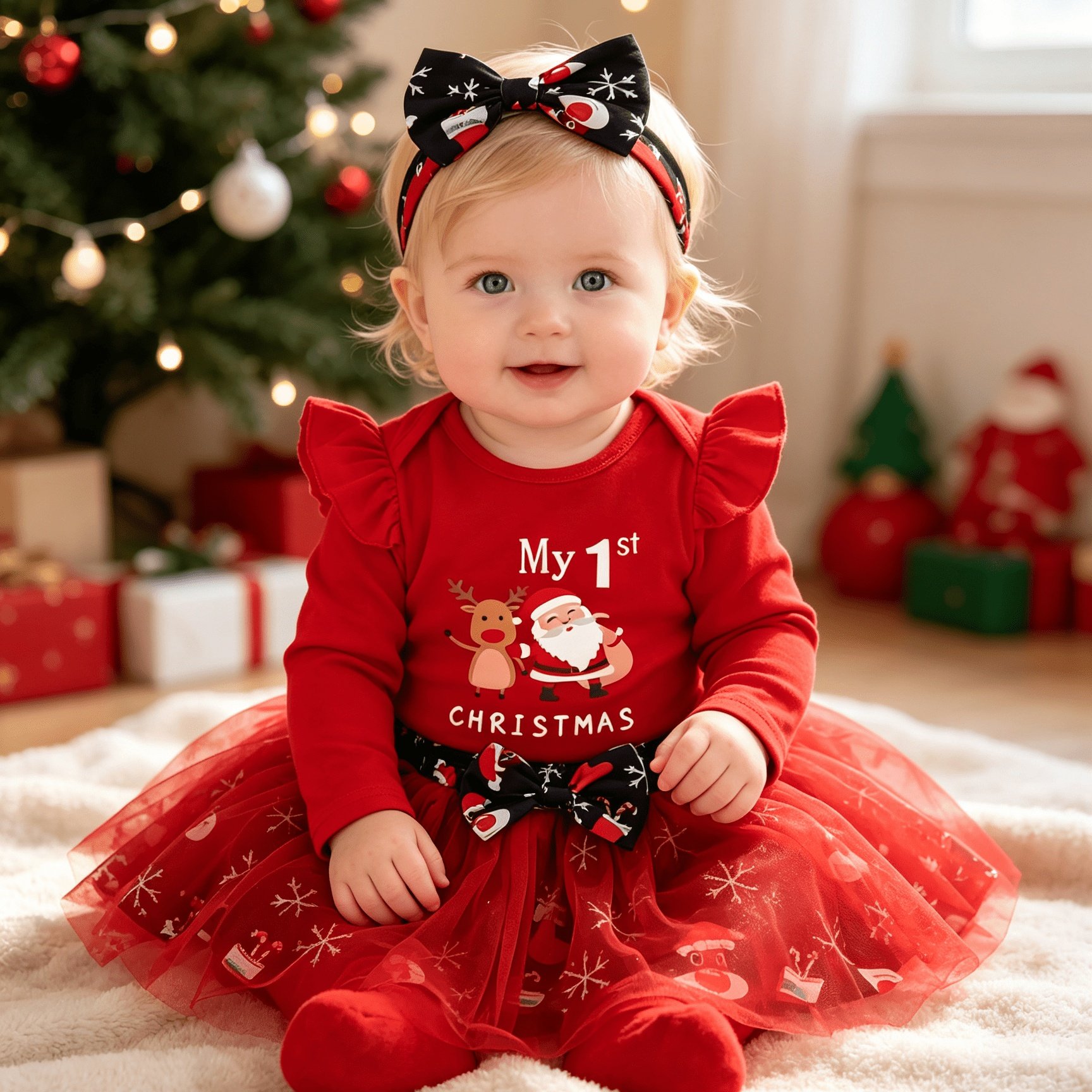 Image of Children Eden 0-24 Months Baby Girl Romper Santa Claus Mesh Skirt Headband 3pcs Set, Perfect For Outdoor, Autumn Essentials