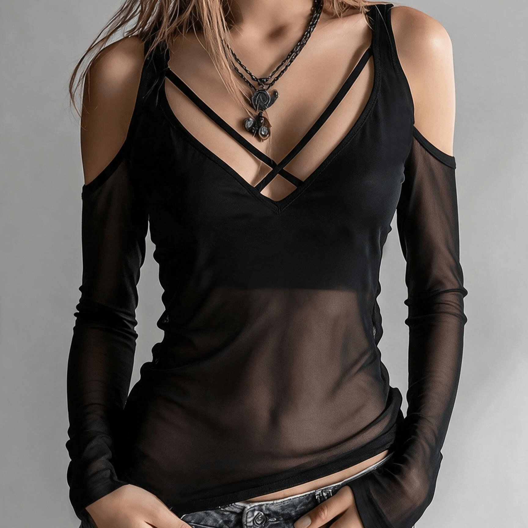 Image of Women's Spring/summer Sexy Hollow Shoulder Sheer Long Sleeve Top