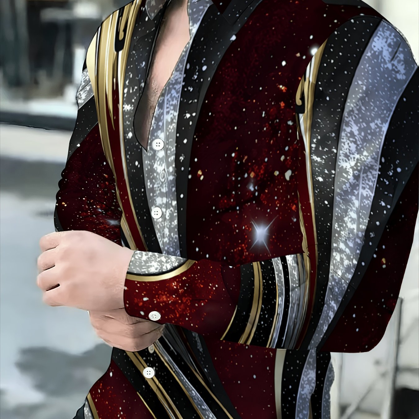TEMU Men's Sequined Striped Business Casual Jacket, Red Black Contrast Fashion Long Sleeve Shirt, Party Banquet Performance Outfit