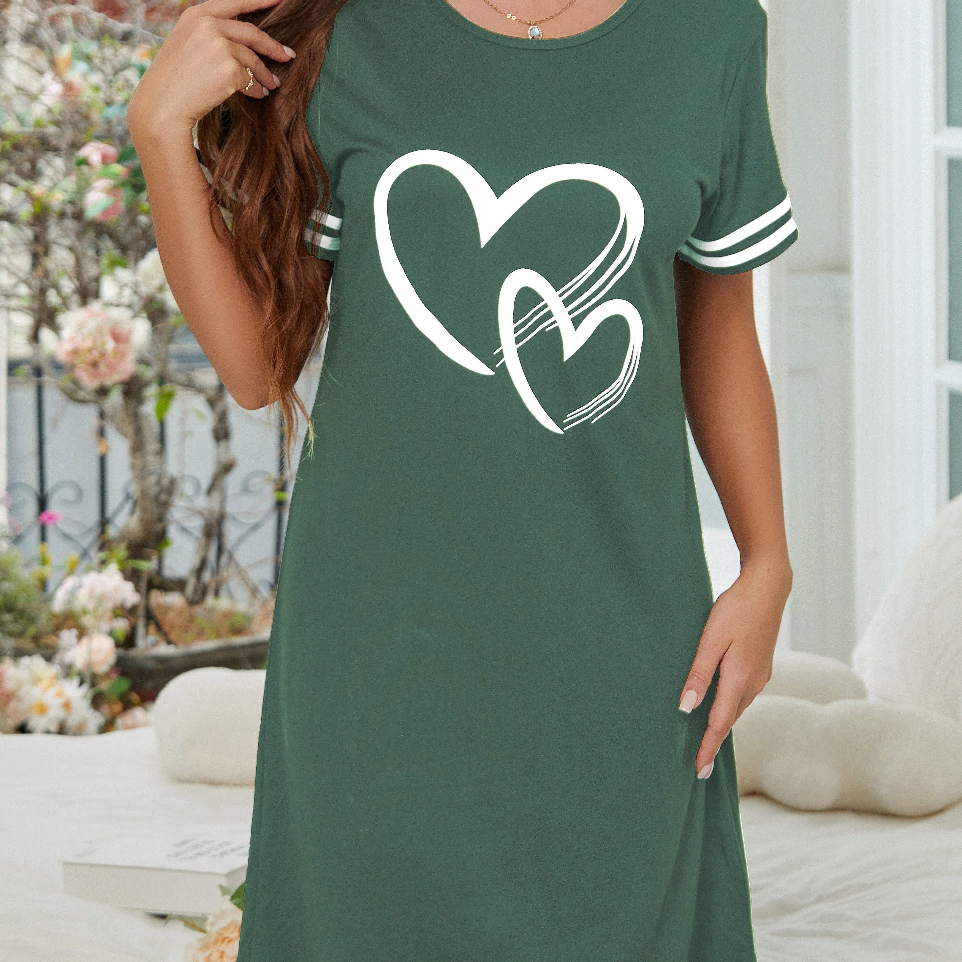Image of Women's Casual Short Sleeve Sleep Dress With Heart & Stripe Print - Soft Round Neck Nightgown, Machine Washable Spring/ Dress For Adults, Summer Nightwear, Relaxed Fit Gown, Nontransparent Fabric